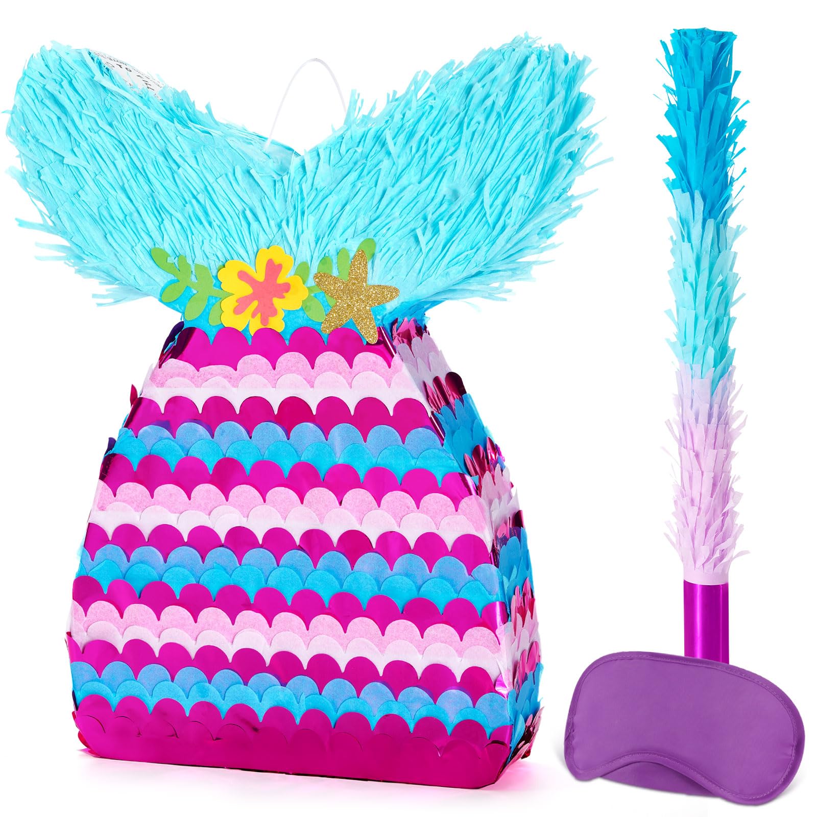 WERNNSAI Mermaid Piñata - Mermaid Party Games Decorations Mermaid Tail Piñata with Blindfold and Bat for Girls Kids Under the Sea Themed Birthday