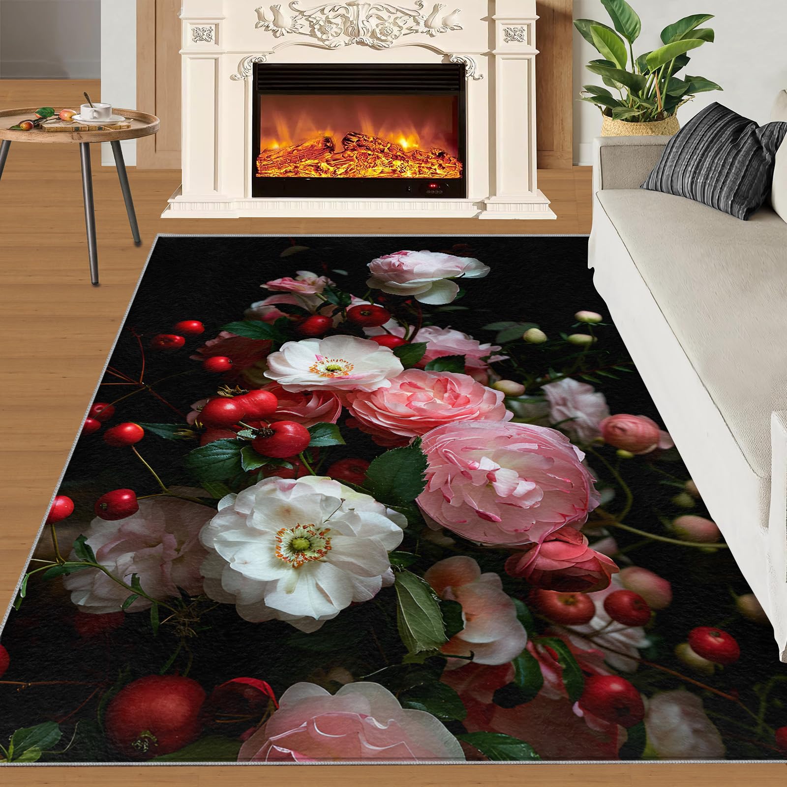 SANSJI Floral Rugs for Girls Bedroom 170x240 cm, Non-Slip Washable Watercolor Flower Design Area Rug for Women, Soft Low-Pile Vintage Blossom Carpet, Rose Peony Woman Style