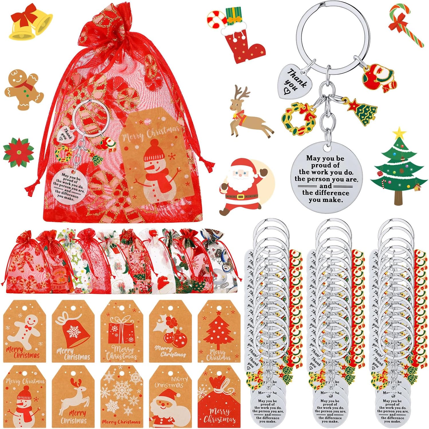 150 Pcs Christmas Employee Appreciation Gifts for Coworker Thank You Keychains Gifts with Organza Bags Thank You Cards (Santa)