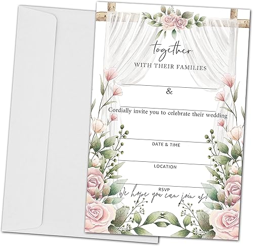 Tarjetas de invitación de boda floral, cartulina de invitación para recepciones de fiestas de boda, 25 tarjetas y 25 sobres (juntos-015)