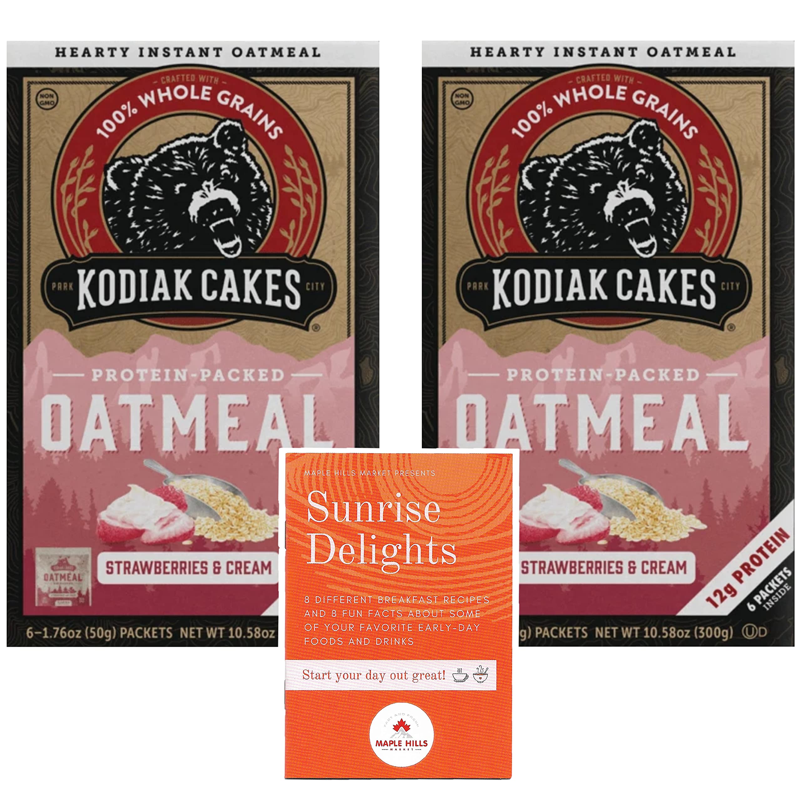 Kodiak Cakes High Protein Strawberries and Cream Oatmeal Packets 2 Box Bundle - 12 Grams of Protein Per Serving - 144 Grams of Protein Per Bundle - Bonus Fun Facts and Recipes Booklet Included