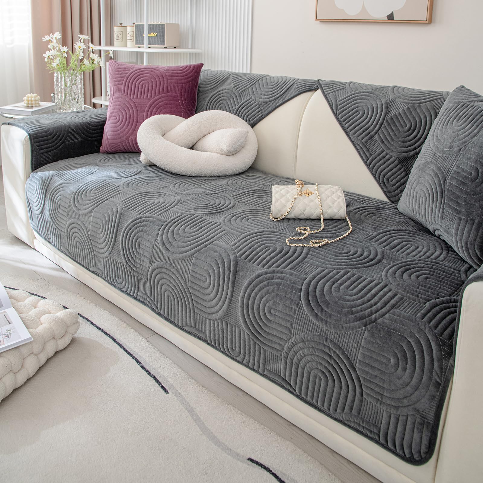 XSlive Soft Plush Geometric Quilted Couch Sofa Cover Boho Non Slip Fuzzy Sectional Couch Cover Solid Color Washable Sofa Slipcover Furniture Protector