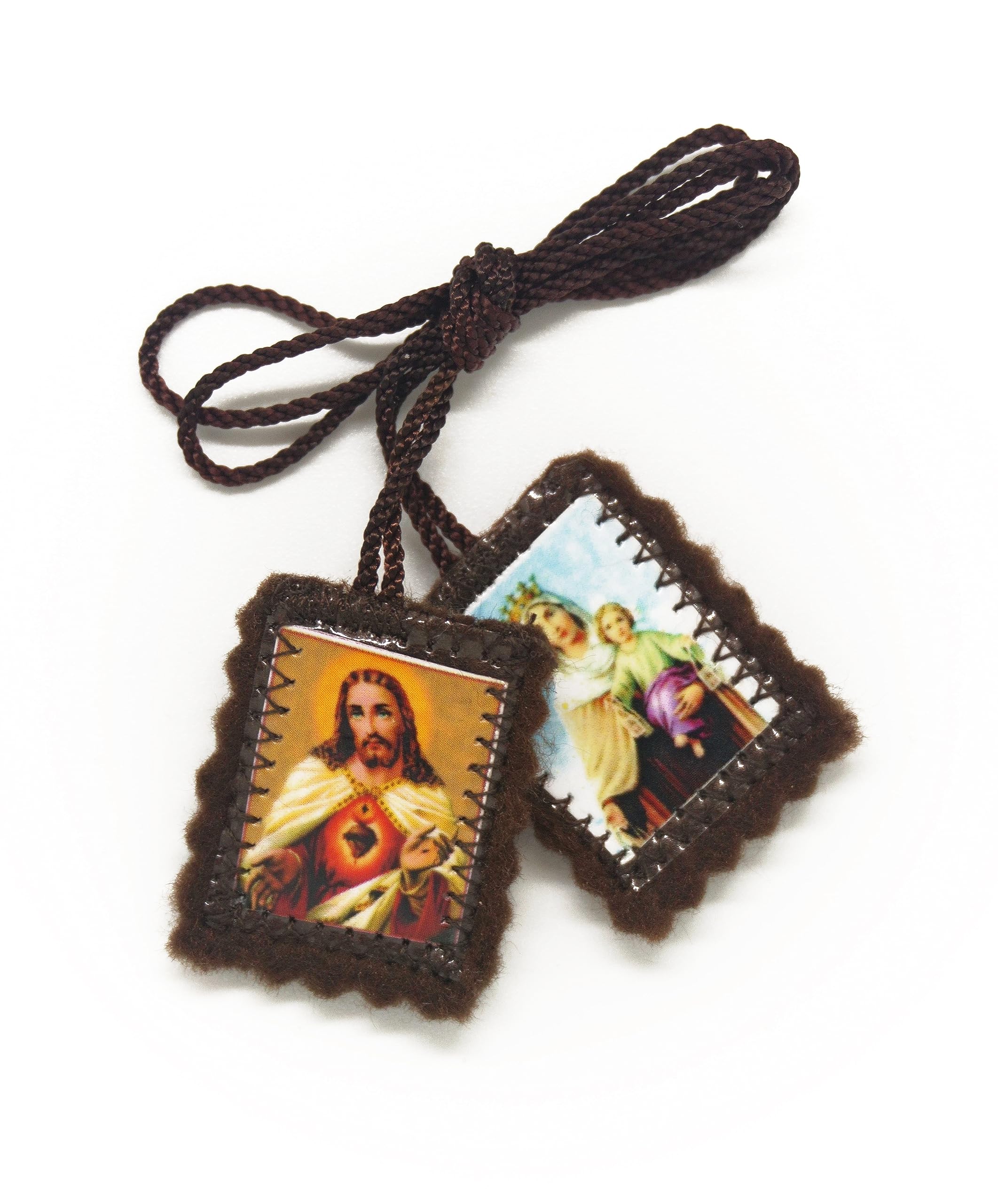 Catholic Scapular Brown Wool Rectangular Icon Handmade Sacred Heart of Jesus with Our Lady Mt Carmel by Zaraleas (2.5cm x 3.5cm)