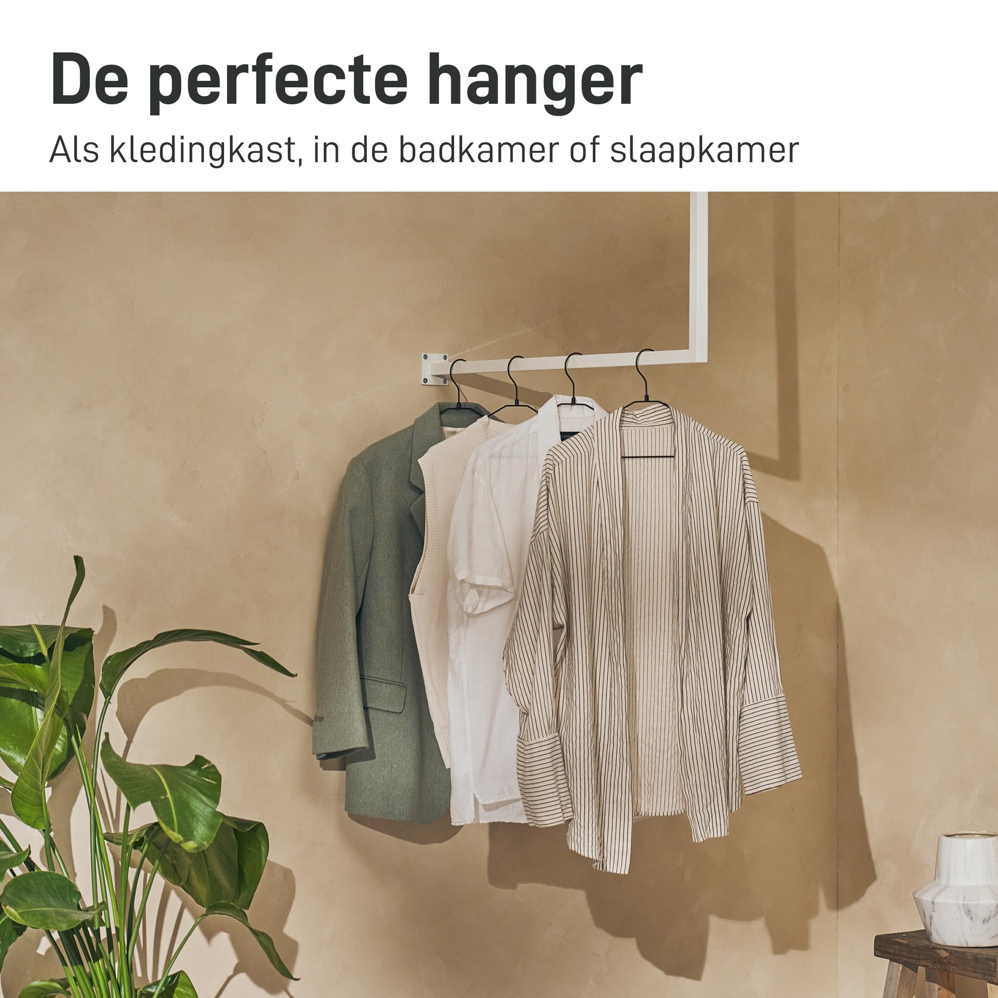 Natural Goods Berlin 1 x kledingstang, wit, bovenhoek, plafondmontage, 110 x 90 cm, L-vorm, voor hal, badkamer of keuken, hoekkast van roestvrij metaal in minimalistisch design