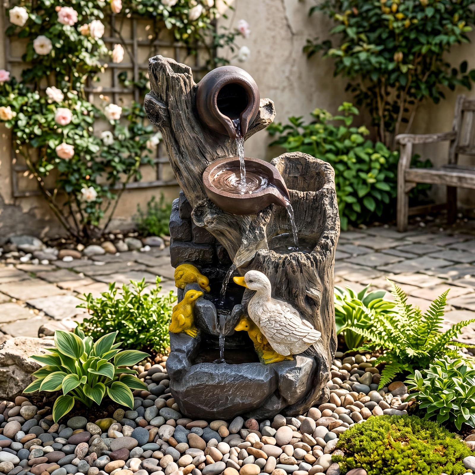 COSTWAY Fontana a Cascata da Esterno, Fontana da Giardino con Illuminazione LED e Pompa, Ornamento Cascata in Resina Effetto Pietra e Legno con Anatre per Cortile e Salotto, 30 x 27 x 57 cm