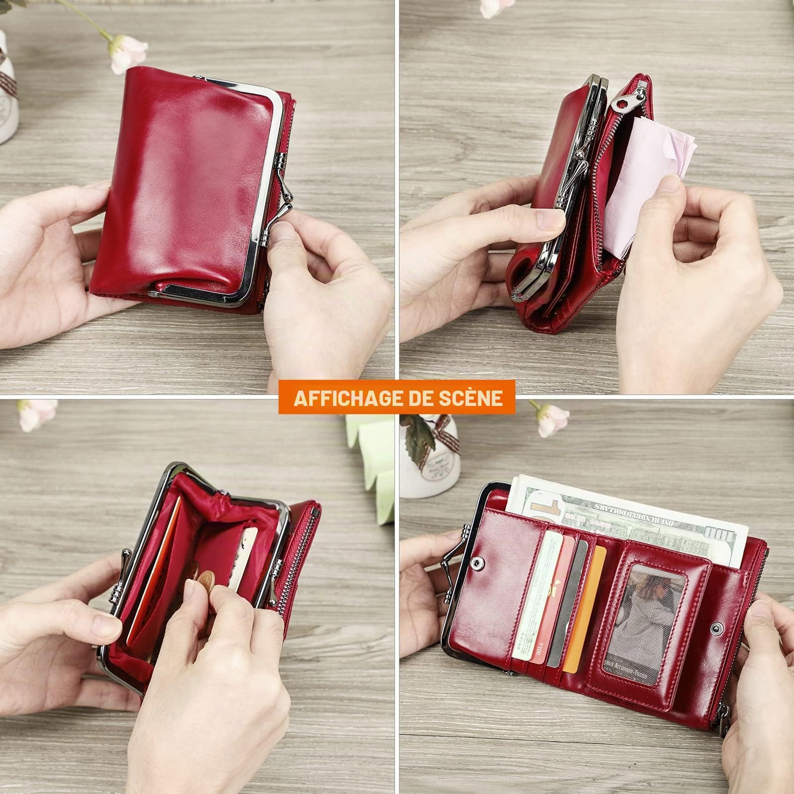 Contacts Portefeuille RFID pour Femme avec Serrure à Baiser,Porte-Monnaie Compact à Deux Volets en Cuir avec Poche zippée Porte-Cartes de crédit Petite avec fenêtre pour Carte d'identité Rouge