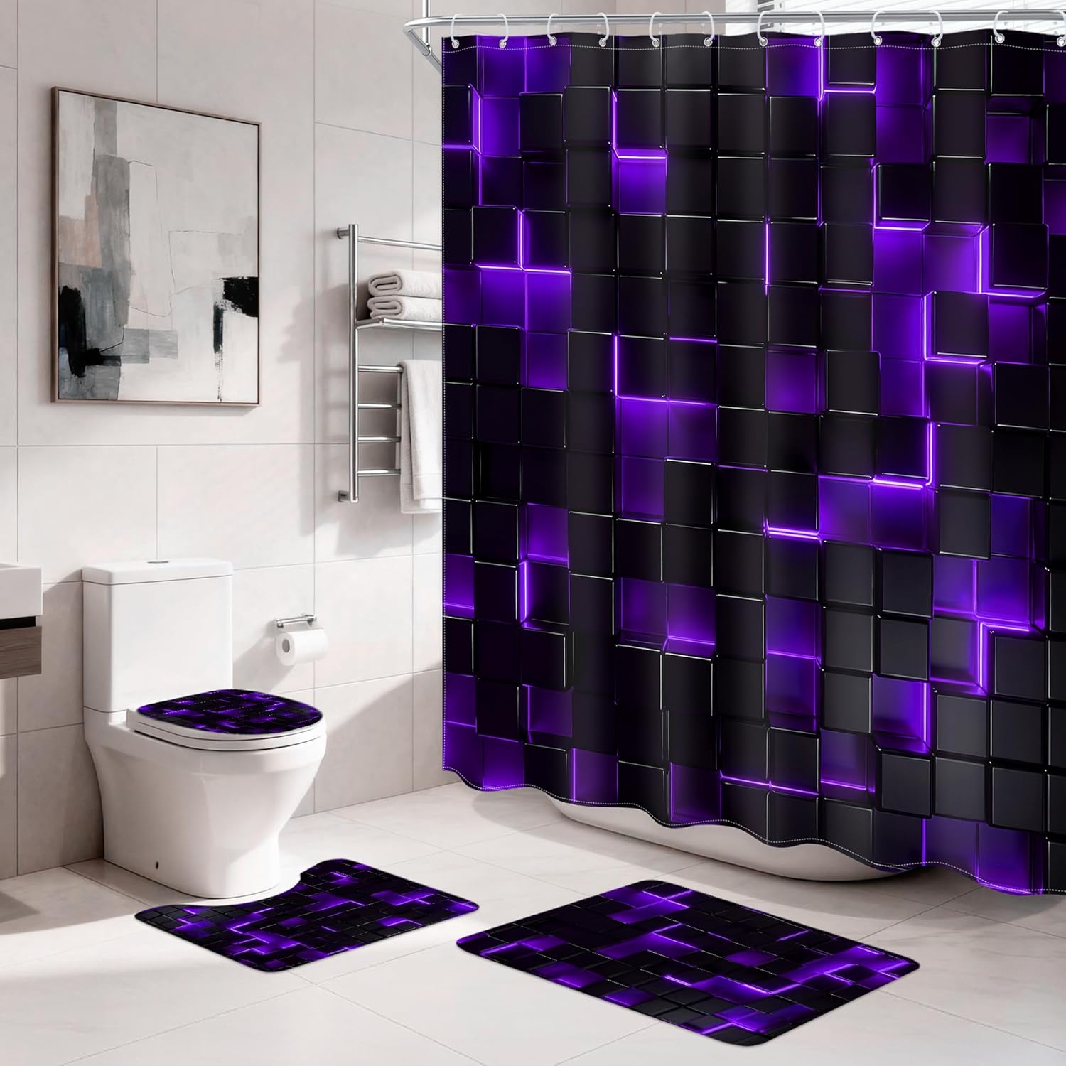 4 PCS Purple Bathroom Set with Shower Curtain and Rugs 72Wx72H Inch Black Abstract 3D Cubes Modern Cool Non-Slip Bath Rug Toilet Lid Cover and U Shape Mat Accessories 12 Hooks Bathoom Decor