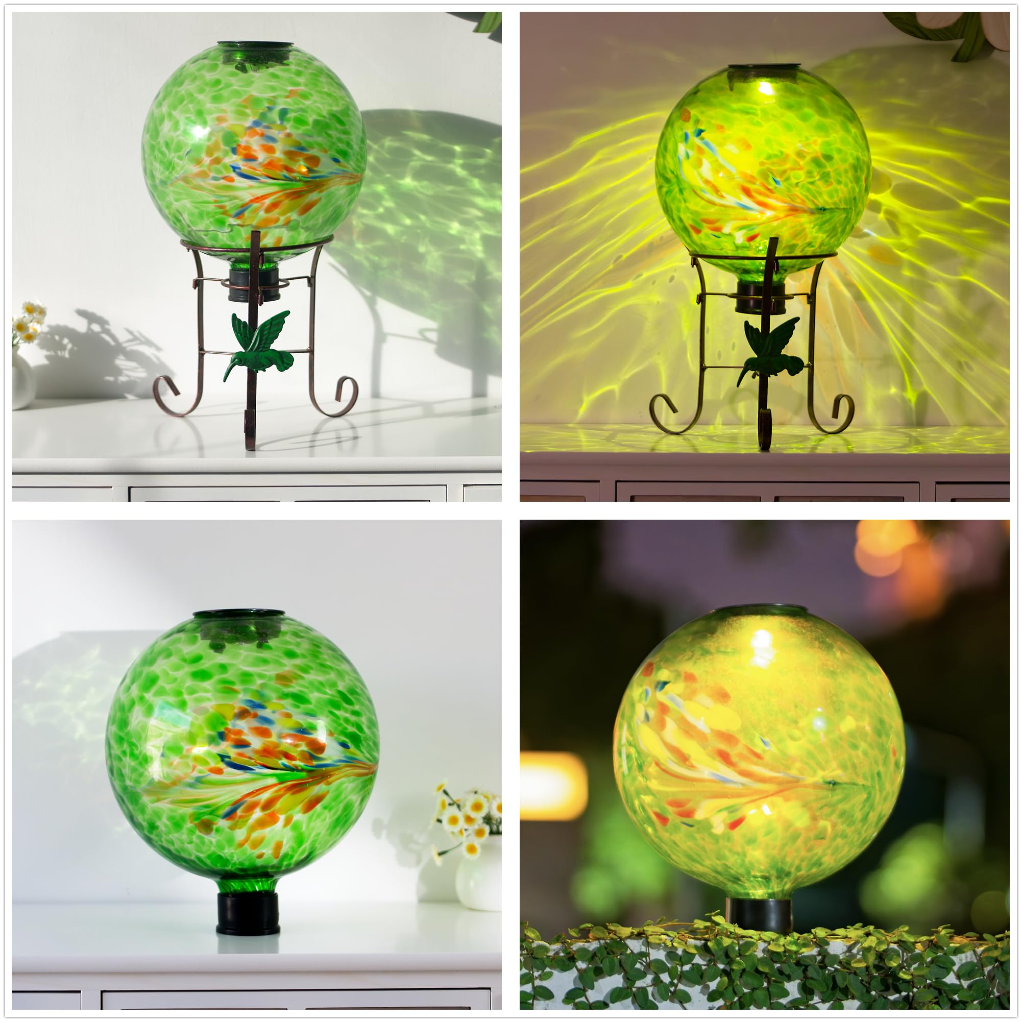 Sfera di vetro solare da 25,4 cm, con supporto in metallo alto 23,9 cm, espositore per luci a sfera solare, per esterni, giardino, prato, cortile, decorazione artistica verde