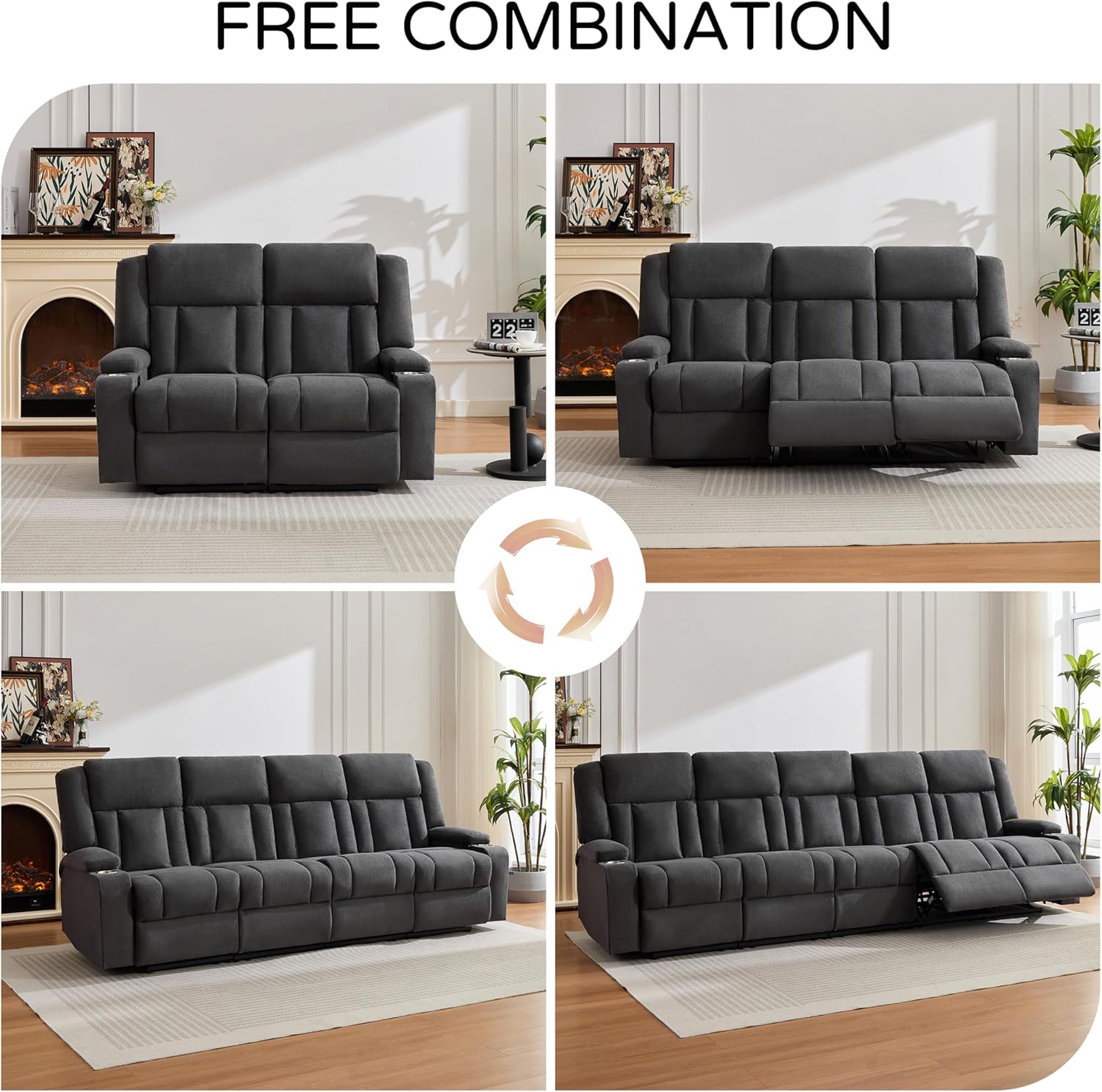 Manual Recliner Loveseat with Cup Holders, 2-Seater Fabric Reclining Sofa, Compact Wall Hugger Couch for RV, Small Living Room & Home Theater, Gray
