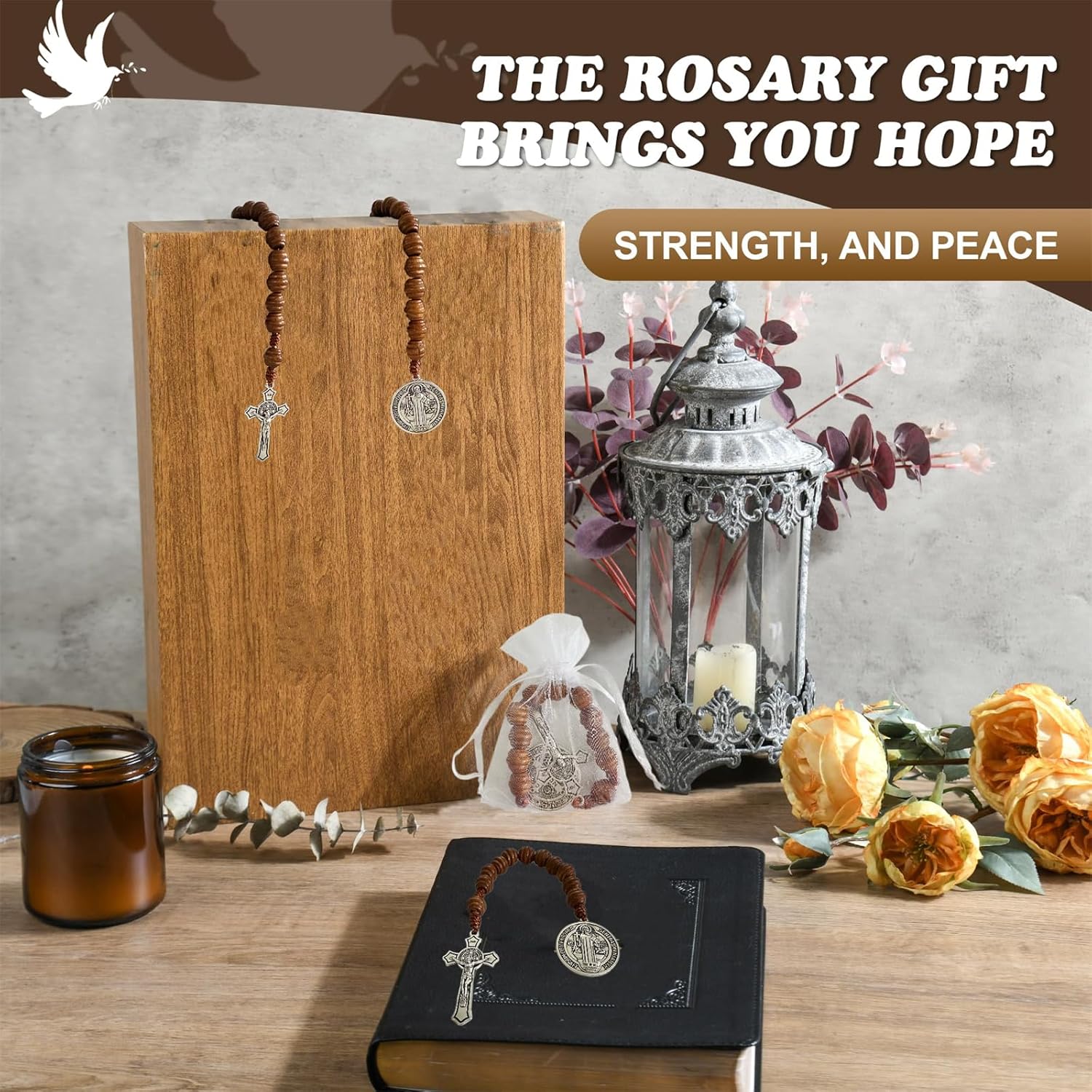 Bovemee Saint Benedict Medal Prayer Pocket Rosary Catholic Brown Wood Beads with Medalla de san benitol and Crucifix, 9 Inch - Image 4