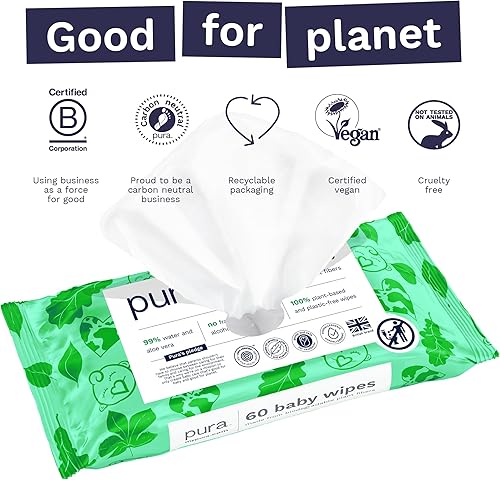 Miniatura 4 de Pura Toallitas naturales sensibles para bebés, 99% de agua, sin perfume e hipoalergénicas, adecuadas para pieles sensibles y propensas al eczema,