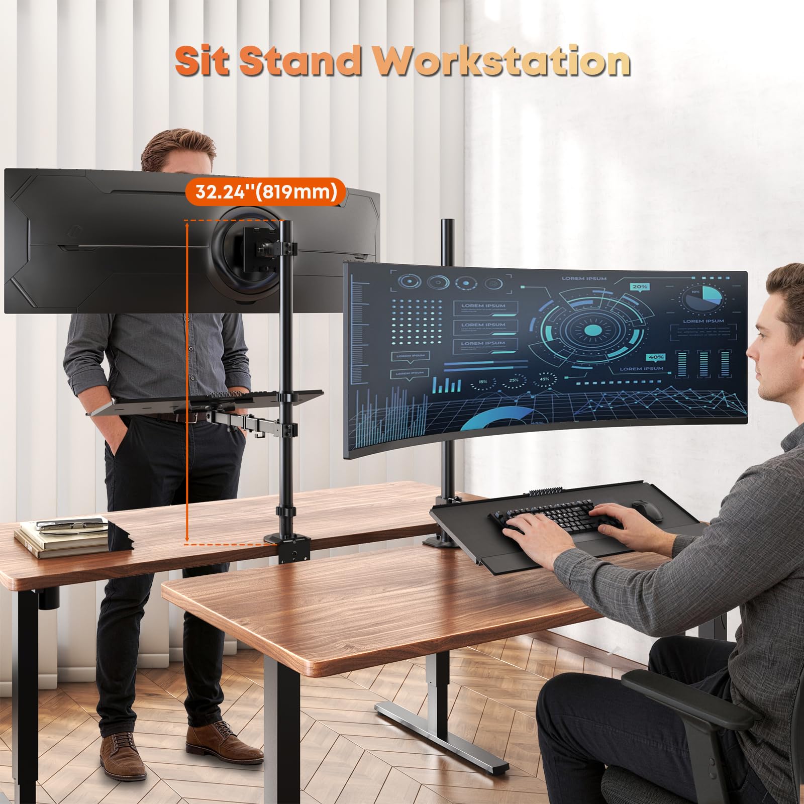 PUTORSEN Supporto Monitor con Ripiano Tastiera per Monitor 49" (fino a 20 kg), Postazione Siedi-Lavora in Piedi & Sollevatore Scrivania, Ripiano Tastiera fino a 9 kg, Ergonomico