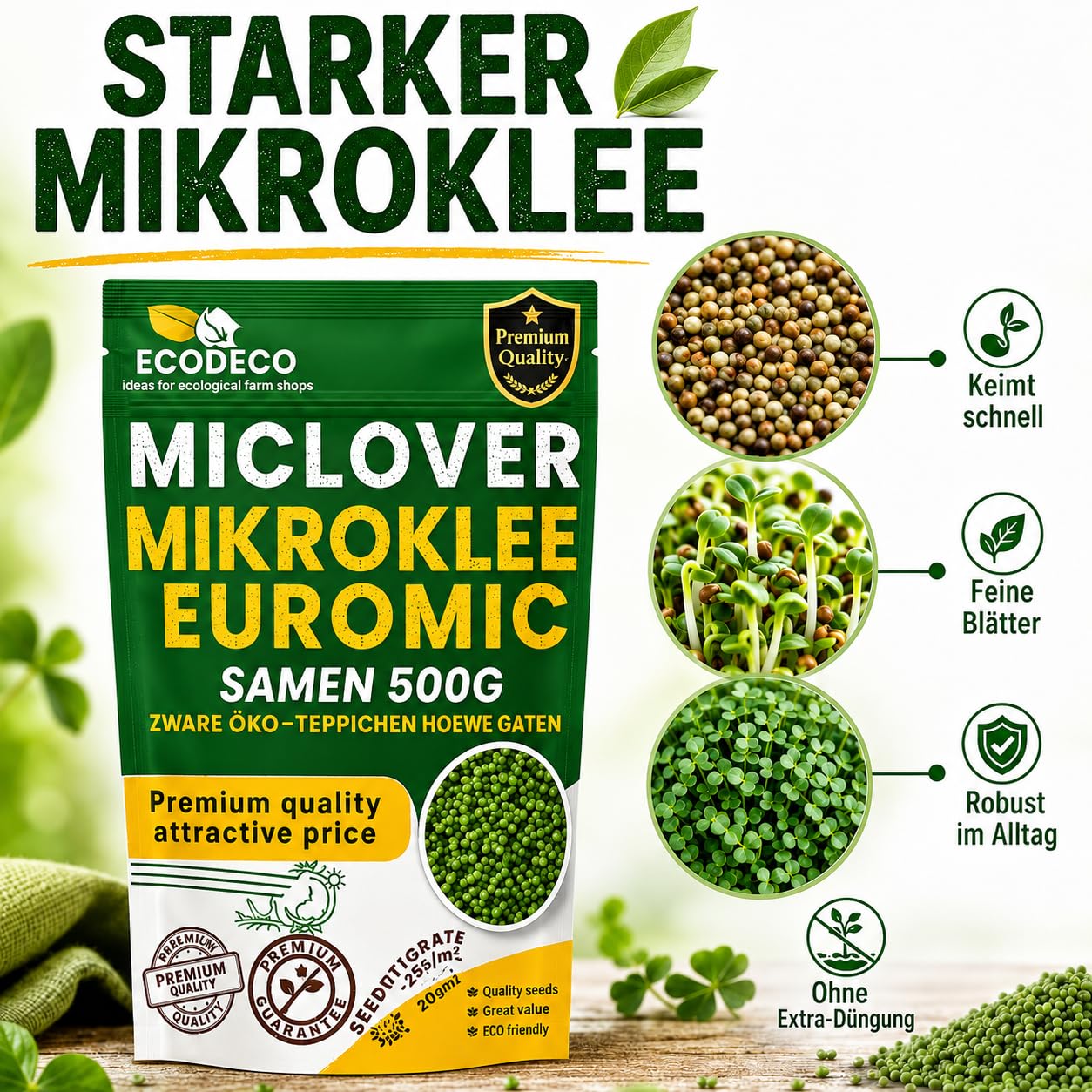 Semillas Cesped Trébol Enano 1kg (400m² Puro o 800m² con Césped) – Blanco Micro Trébol Tapizante Resistente para un Jardín Verde y Uniforme – Alternativa a Césped Natural