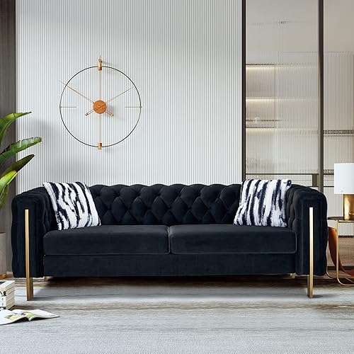 Miniatura 2 de Dolonm Sofá moderno de terciopelo para sala de estar, sofá tapizado de 84 pulgadas de largo con 2 almohadas, brazo alto y patas de metal, muebles