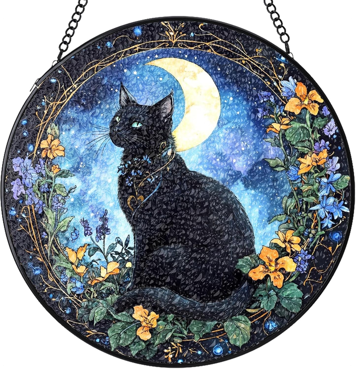 Cat Stained Glass Window Hanging, Black Cat Starry Night Suncatcher 7.8 in