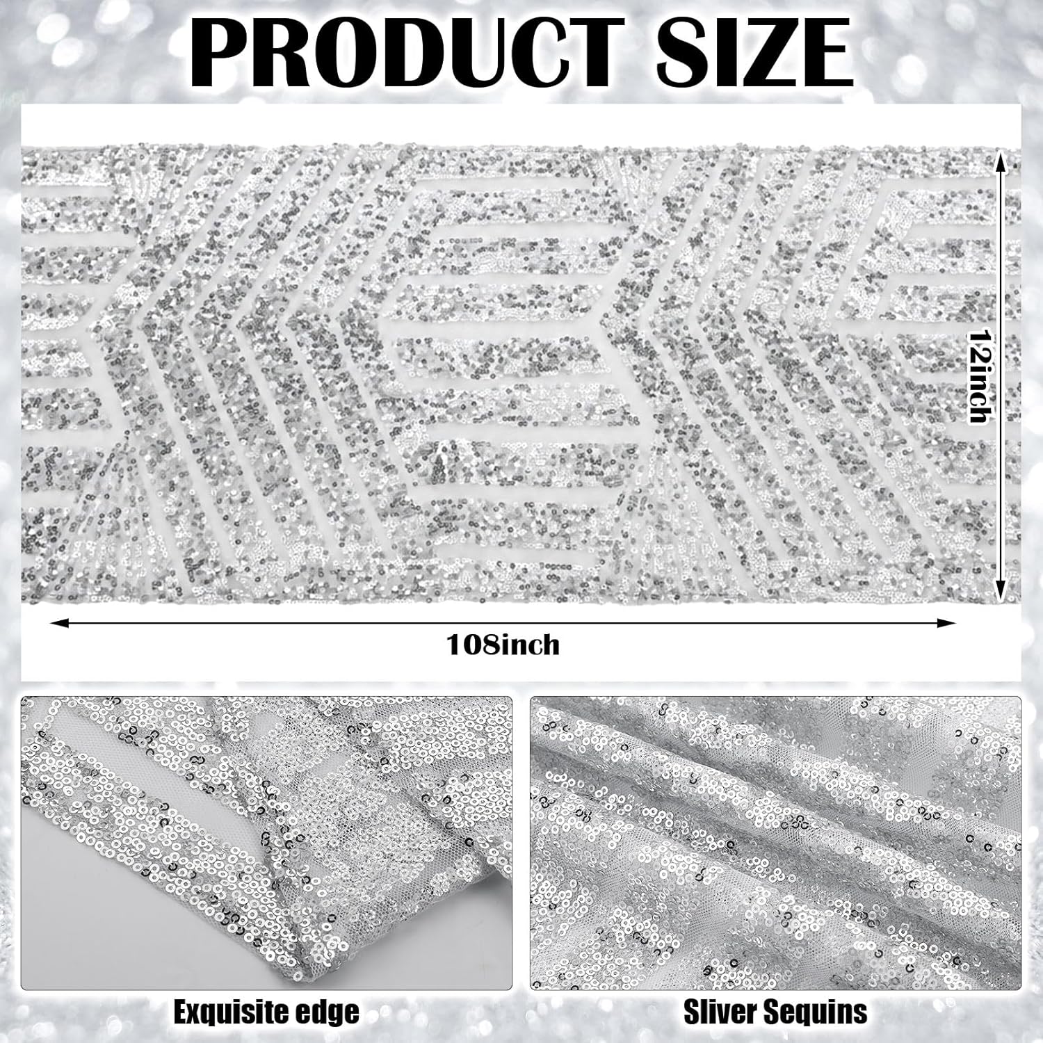 Peryiter 3 Pcs Silver Sequin Table Runner Sparkly Glitter Table Linens 12"x108", White and Silver Party Decorations Centerpiece for Wedding Birthday