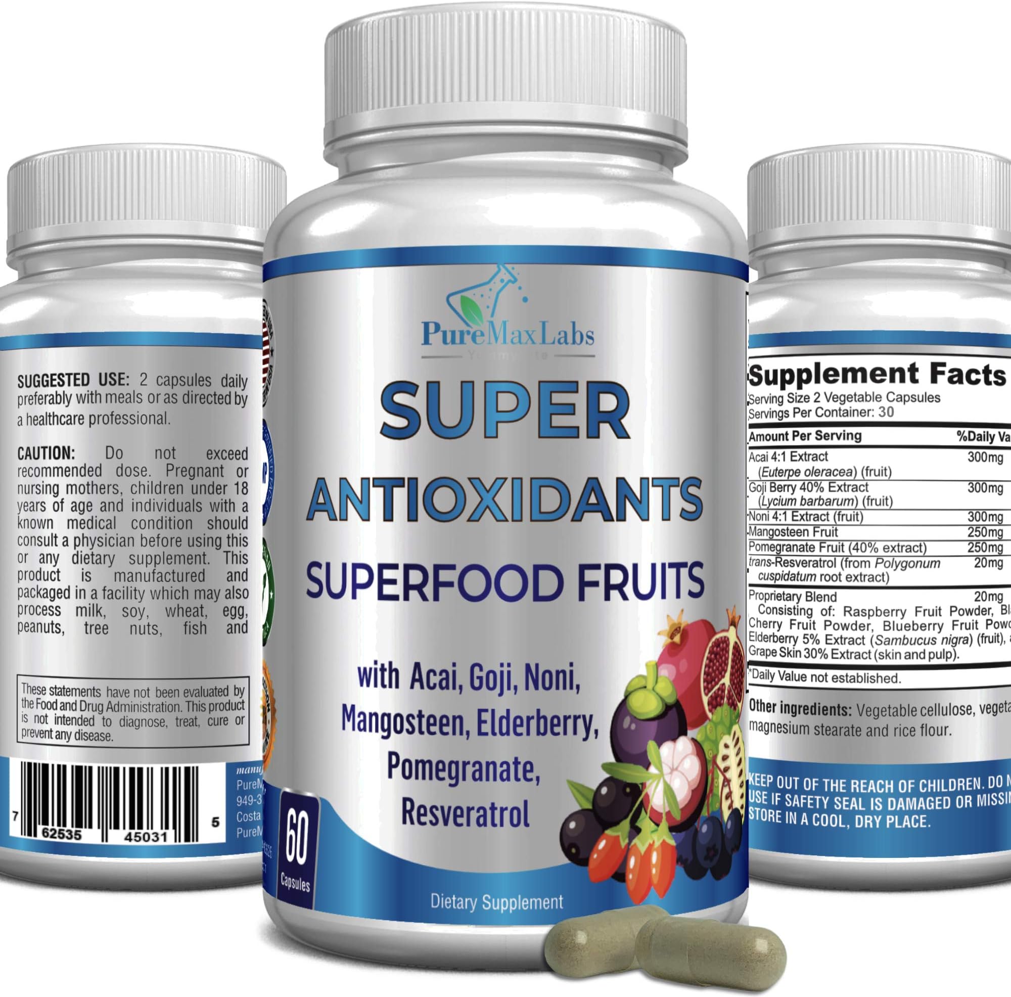 YUMMYVITE Super Antioxidant Fruit Superfood Complex - Powerful Antioxidant Superfruits, Acai, Goji, Noni, Mangosteen, Pomegranate, Elderberry, Resveratrol, Immune Support, Skin Care - 60 Capsules