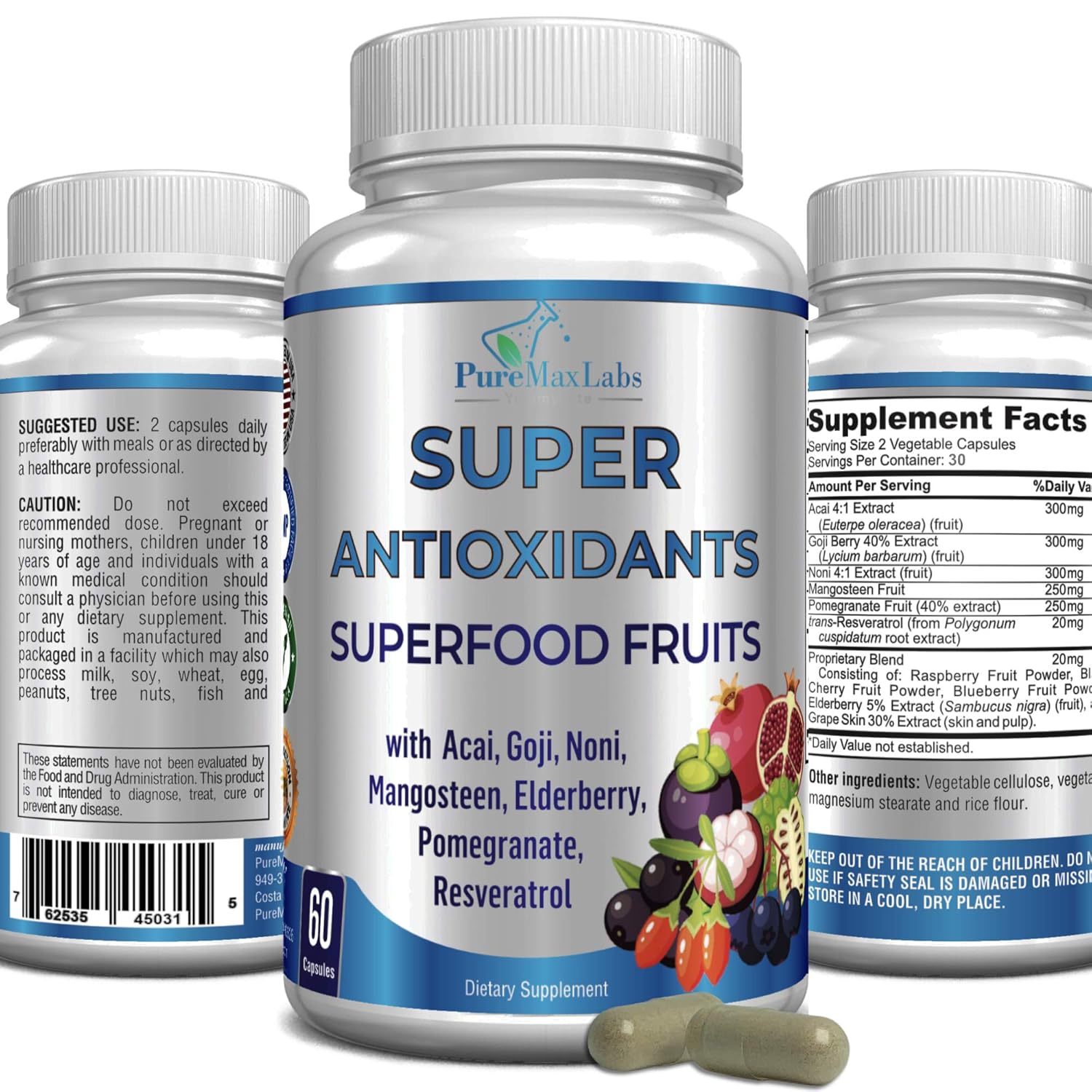 Complexo Superfrutas Antioxidantes - Antioxidantes Poderosos com Açaí, Goji, Noni, Mangostão, Romã e Mais - Suporte Imunológico e Cuidados com a Pele - 60 cápsulas