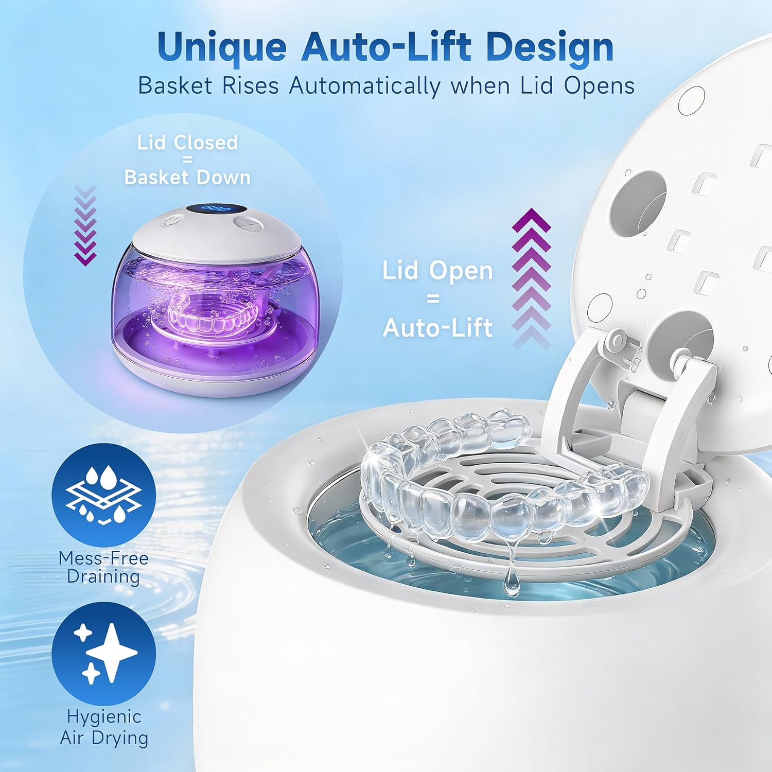 Ultrasonic retainer cleaner machine, 45kHz denture dome With UV Light, Dental Cleaning POD For Aligners, Mouth Guards, Night Guards, Toothbrush,Jewelry,200ML Capacity,White - Image 6
