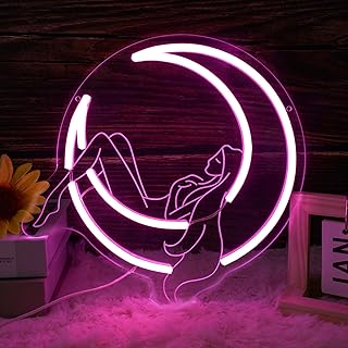 Moon Lady Neon Sign for Wall Decor Pink Dimable Led Girl Crescent Moon N...
