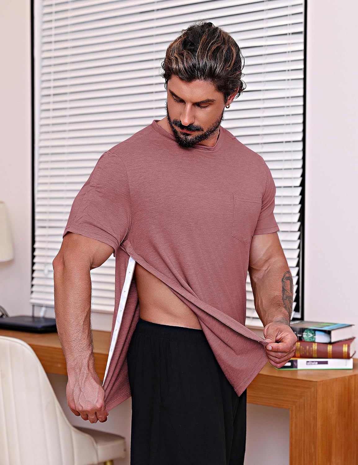 URRU Men's Post Shoulder Surgery Shirts Recovery Full Tear Away Short Sleeve Snap Chemo Shirts for Port Access - Image 5