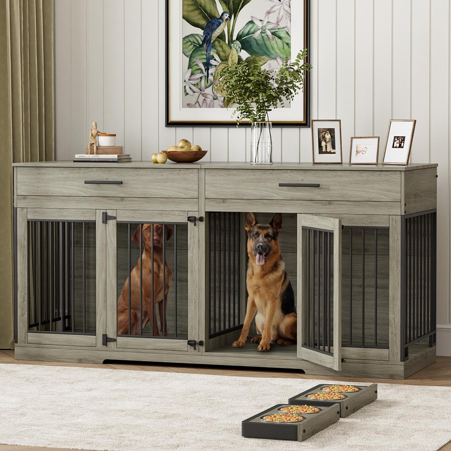 Rophefx 72" Dog Crate Furniture for 2 Dogs, Large Double Dog Kennel Indoor Furniture with 2 Storage Drawers and Removable Divider, Wooden Dog Cage