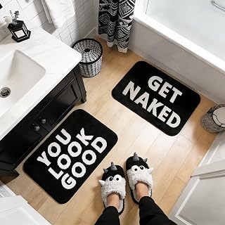 2PCS Get Naked Bath Mat & You Look Good Bath Rug, Funny Bathroom Rug Set