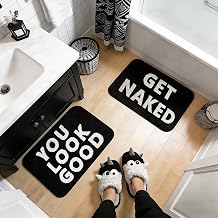 2PCS Get Naked Bath Mat & You Look Good Bath Rug, Funny Bathroom Rug Set