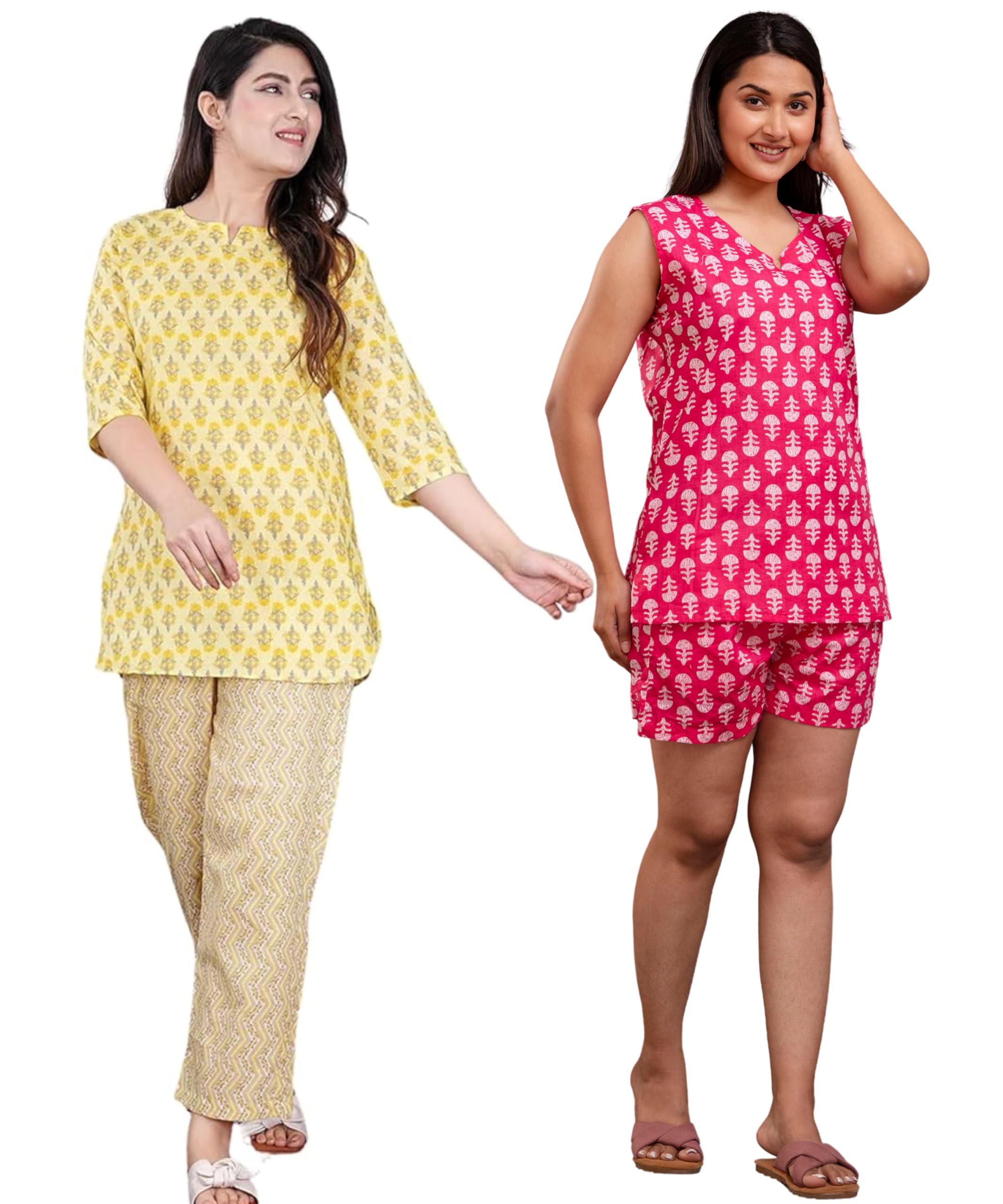Women Pure Cotton Printed Night Suit Set | Combo Pack of 2 | Kurta Pyjama Set & Top Shorts Set | Shirt and Pyjama Sleepwear Set-image-27