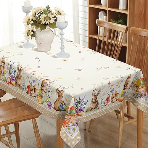Miniatura 2 de Yighty Mantel rectangular de Pascua de 60 x 84 pulgadas, mantel de acuarela de huevo de Pascua con diseño floral de primavera y conejo, mantel