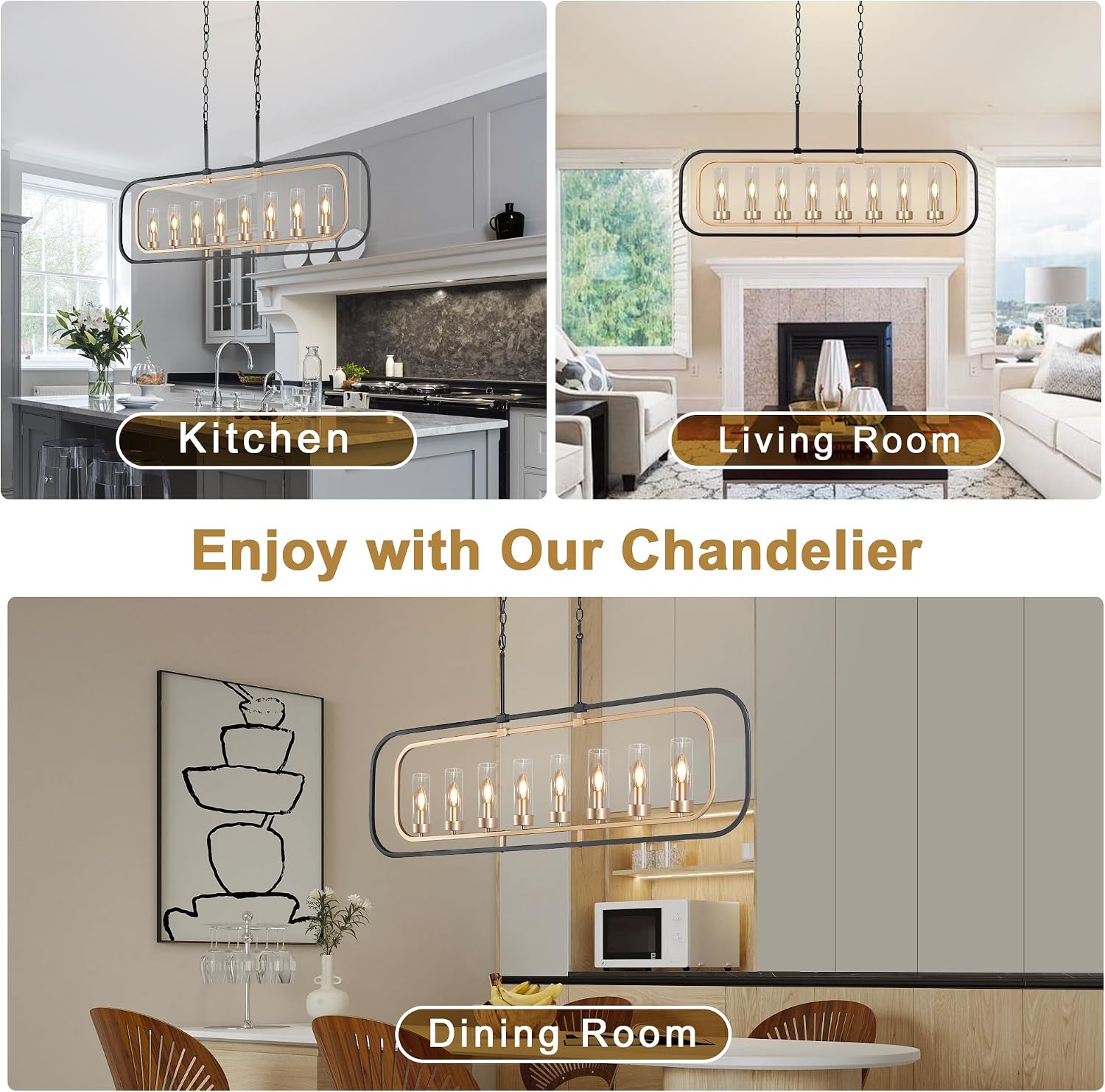 Black and Gold Chandelier, 46" Farmhouse Dining Room Chandelier with Clear Glass Shade Modern Glass Chandelier 6-Light Large Kitchen Island Lights Linear Pendant Light Fixtures