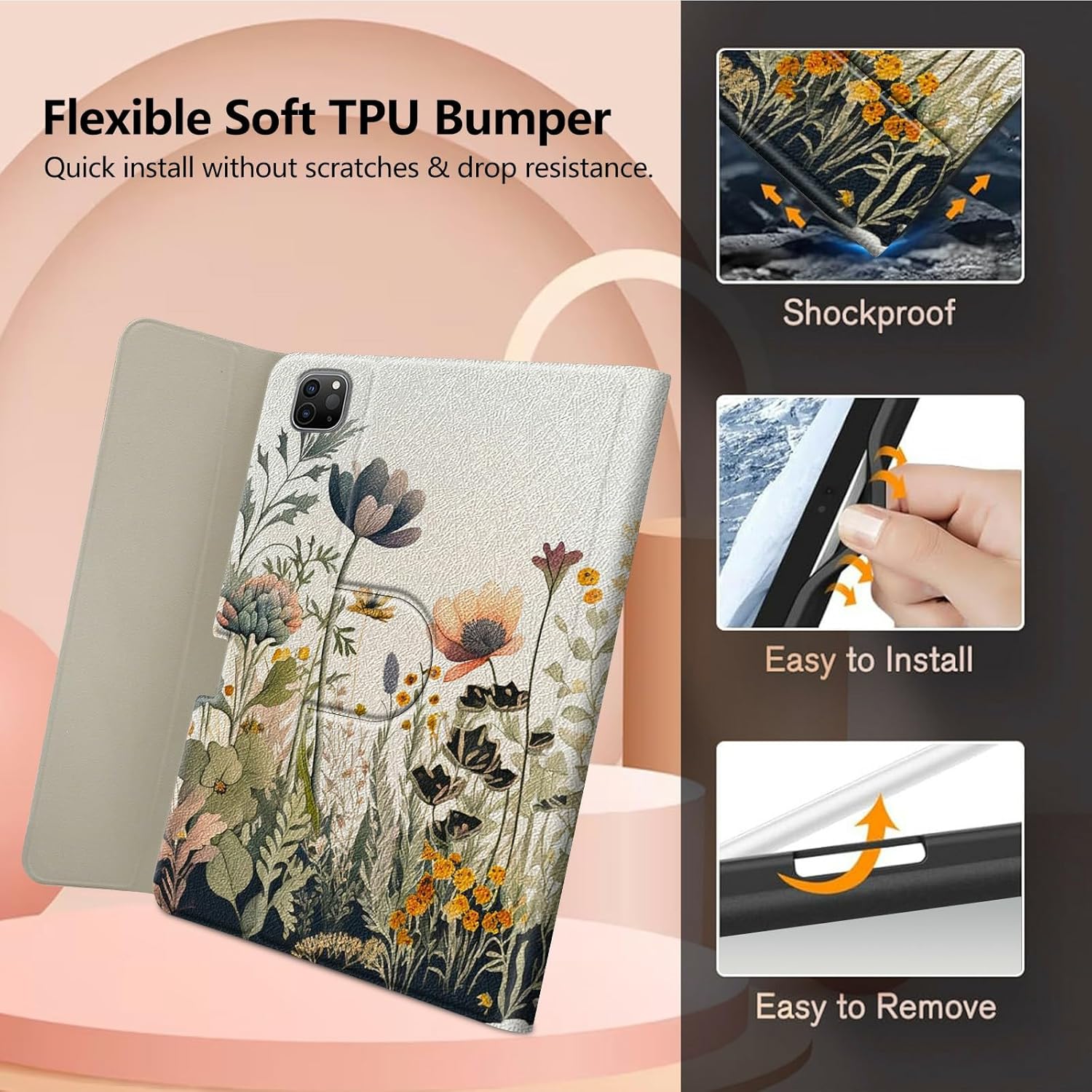 for iPad Pro 12.9 Case 6th/5th/4th Generation 12.9 inch with 360 Rotating Degree Stand PU Leather Protective Cover with Detachable Wireless Keyboard & Pen Holder - Floral Flowers