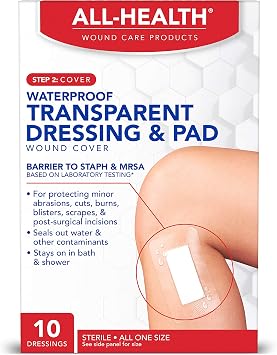 All Health Waterproof Transparent Dressing & Pad, Dressings, 2.375 in X 4 in | Wound Cover Barrier to Staph & MRSA, 10 Count