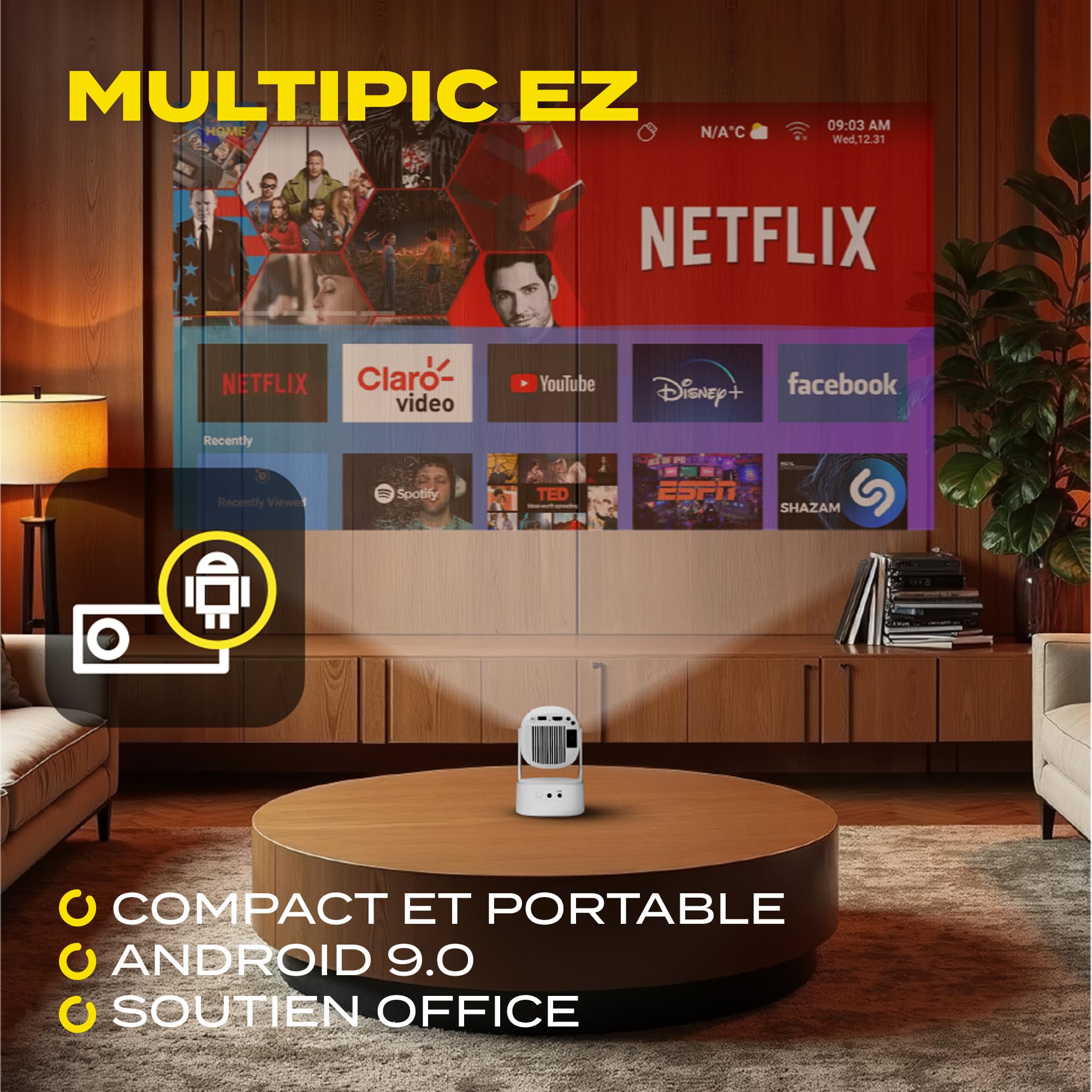 OVERMAX MULTIPIC EZ Mini Projecteur 4K FullHD avec Batterie Amovible, Correction Keystone, Image Jusqu'à 200", Wi-FI Bluetooth 5.3, 2000 Lumen 120 ANSI, Projecteur Étoile, Télécommande, Android 9.0