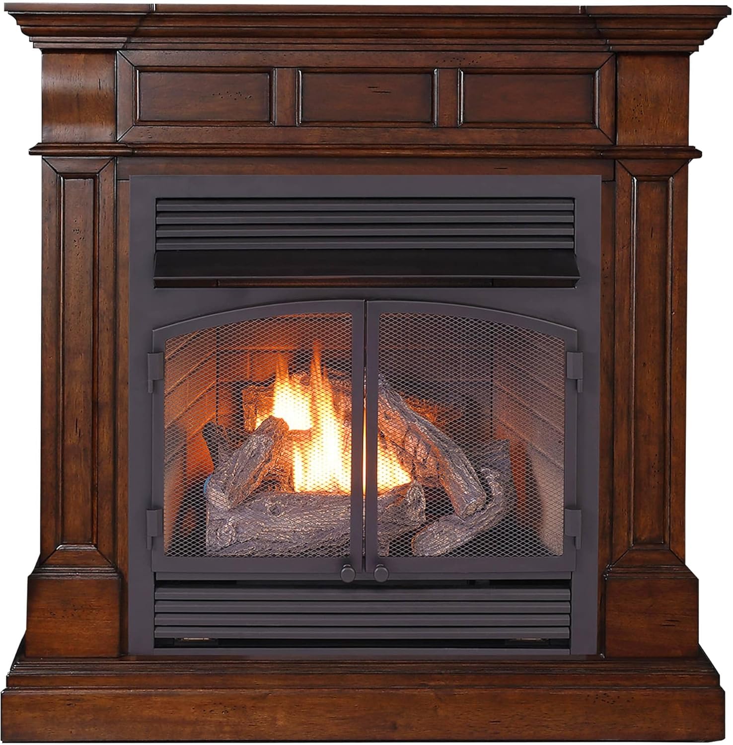 Duluth Forge Dual Fuel Ventless Gas Fireplace with Mantel - 32,000 BTU, Remote Control, Auburn Cherry Finish - Model# DFS-400R-2AC