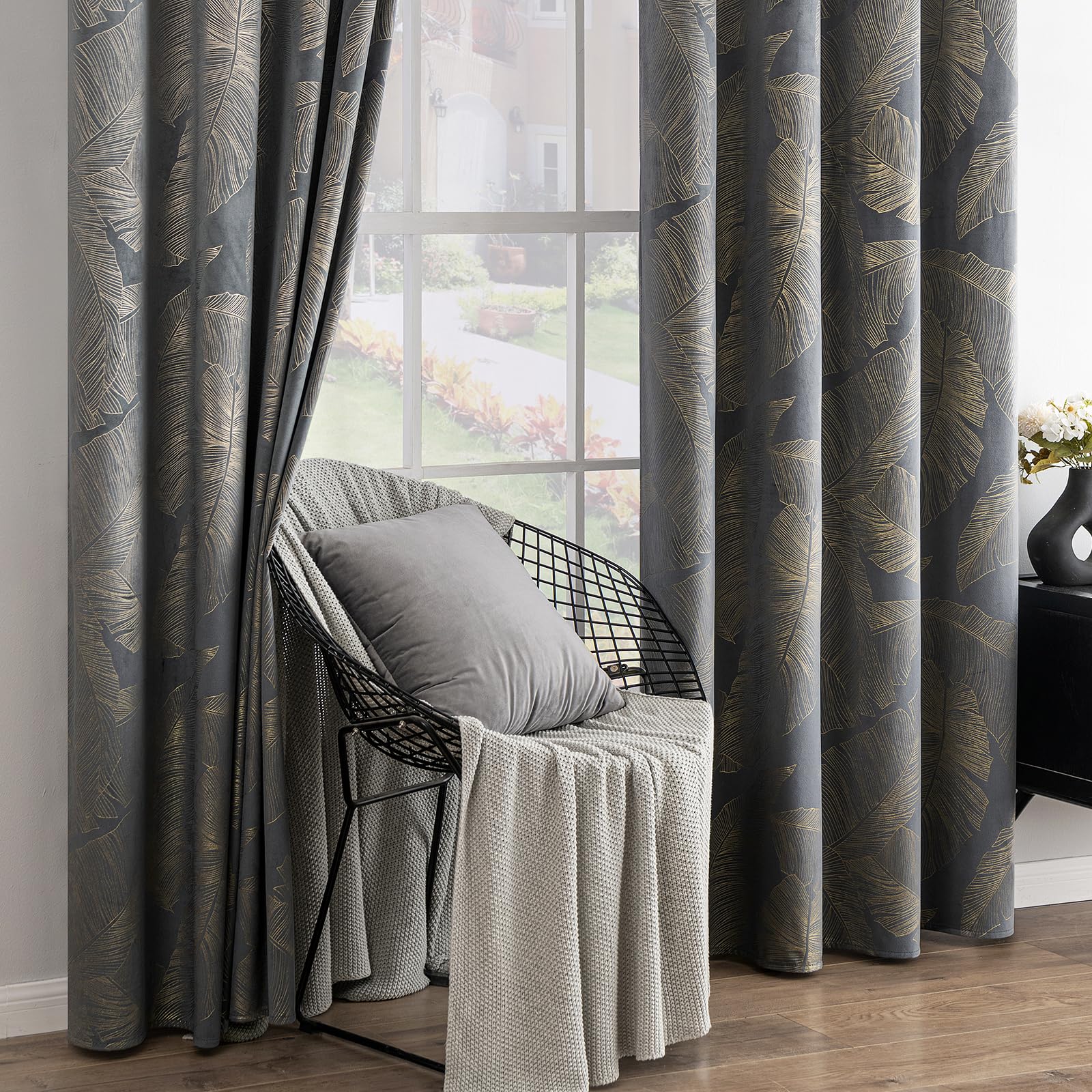 MIULEE Velvet Curtains with Gold Foil Leaves Pattern, 2 Piece Grey Velvet Drapes, Each 55 x 69 Inch - Image 4