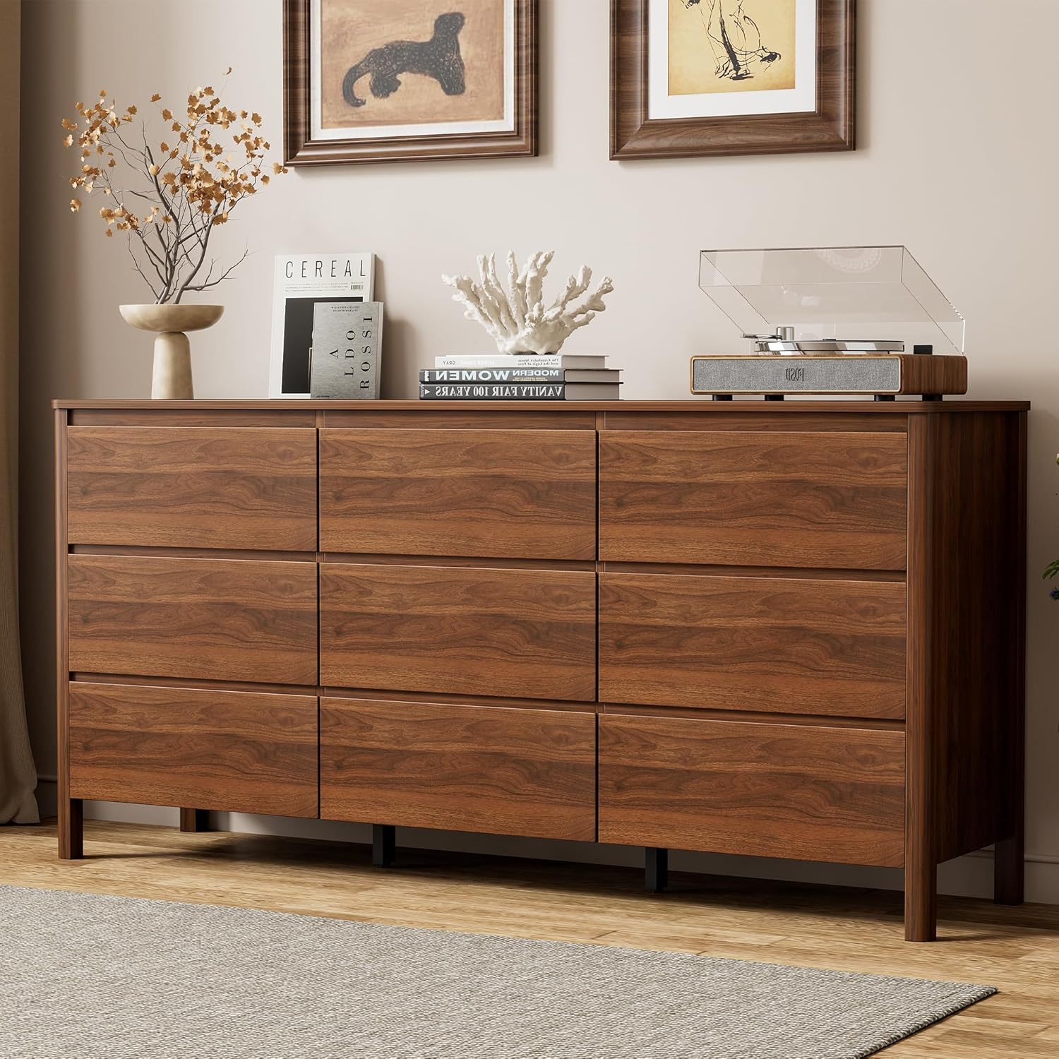 63" Mid-Century Modern Dresser for Bedroom, 9 Drawer Wide Chest of Drawers with Solid Wood Legs, Large Storage Bedroom Dresser, Walnut