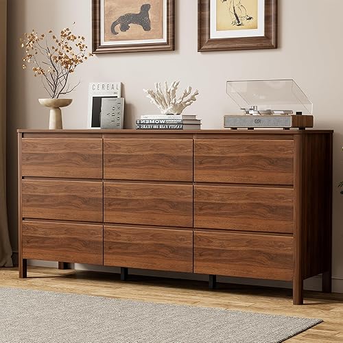 Furniway 63" Mid-Century Modern Dresser for Bedroom, 9 Drawer Wide