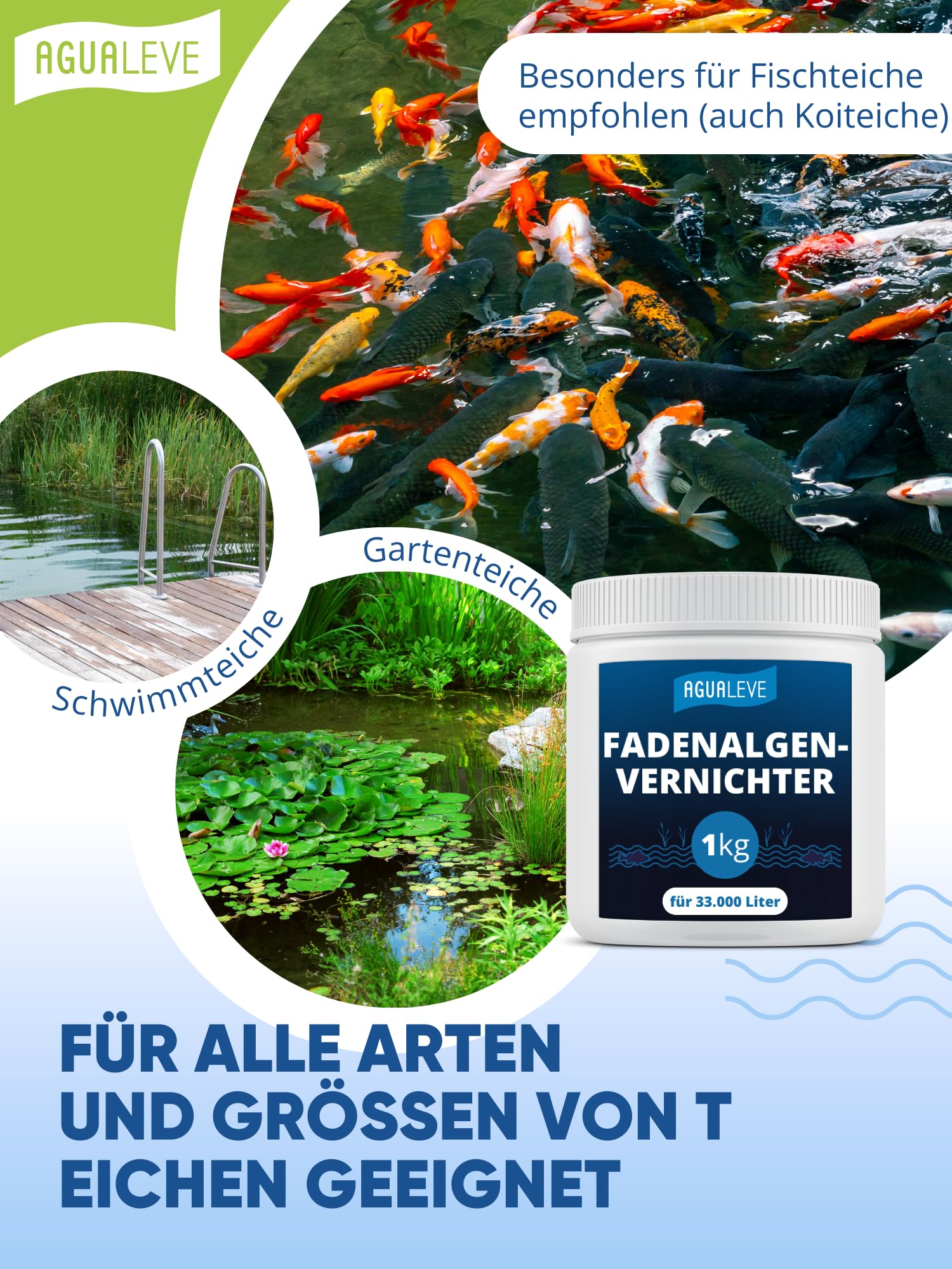 AGUALEVE® Fadenalgenvernichter 1kg *NEU* | bioverträgliche Algenvernichtung ohne Schwermetalle | Markenqualität Made in Germany | für 33.000 Liter Teichwasser | Note 1,1