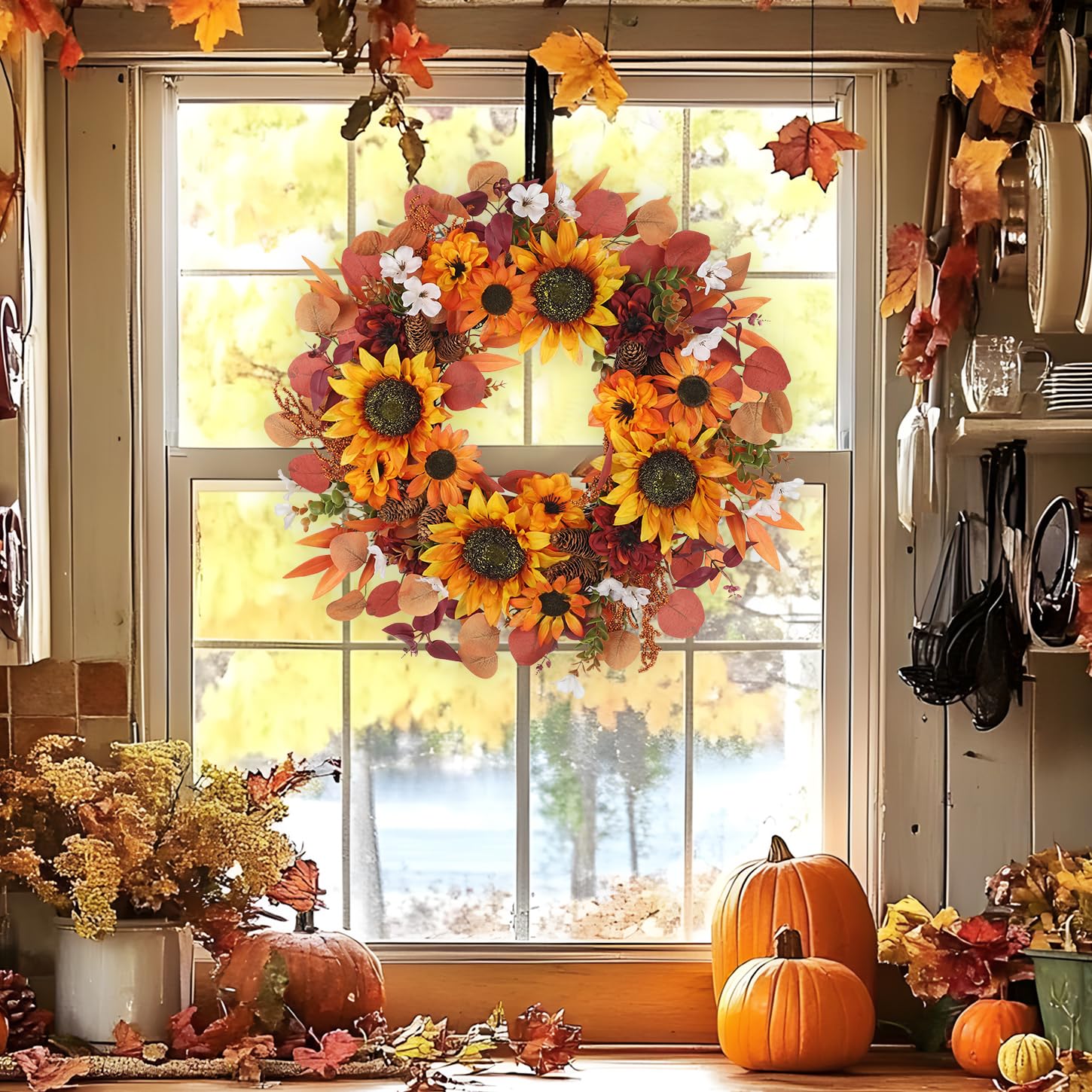 Künstlicher Herbstkranz 61 cm mit Sonnenblumen & Dahlien – Türkranz mit Eukalyptusblättern, Beeren & Zapfen – Handgemachte Herbstdeko für Tür, Wand & Innenraum