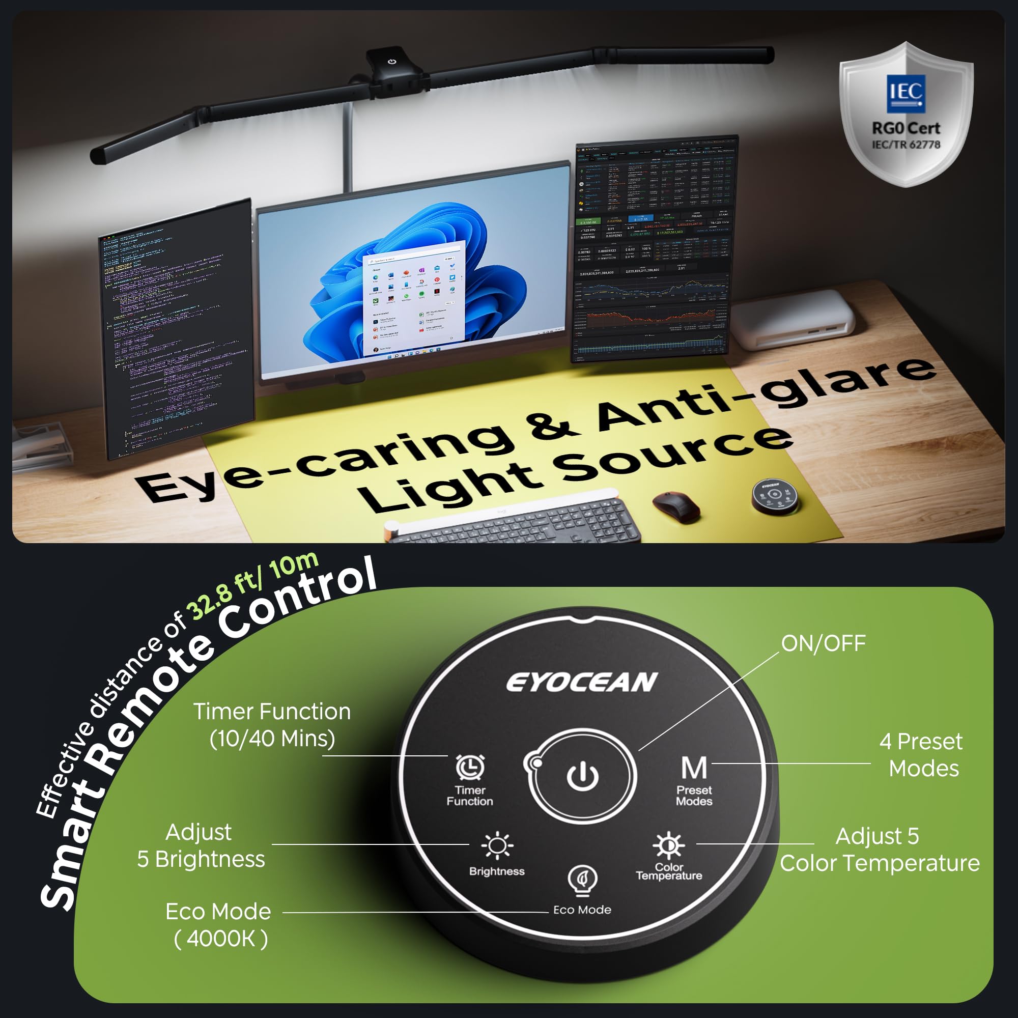 EYOCEAN, lampada da scrivania a 4 sorgenti luminose, 24 W, 100 cm, luce diurna con telecomando, lampada per display dimmerabile, lampada da scrivania a collo di cigno, lampada per ord
