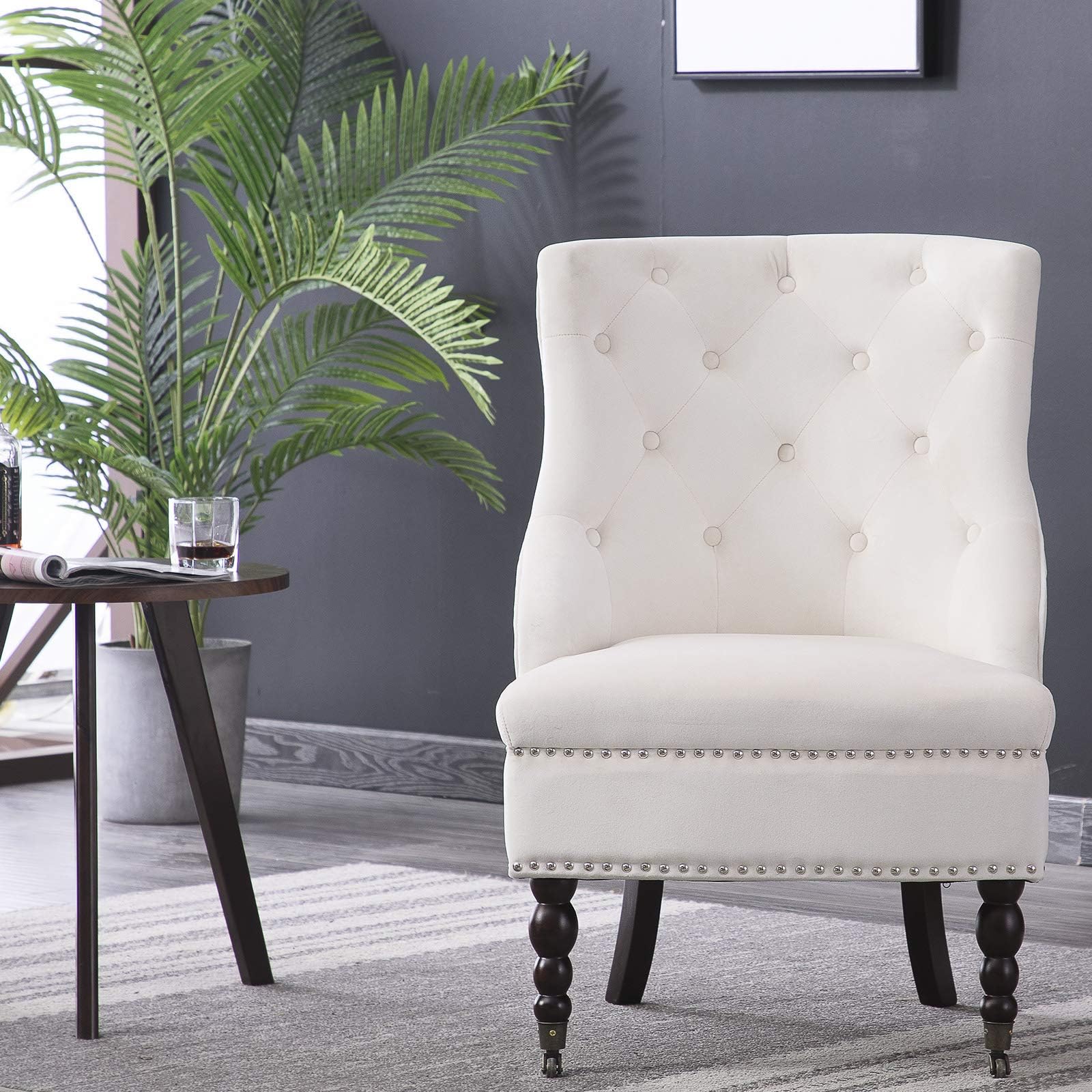 JL Comfurni Vintage Velvet Accent Button Wing Back Occasional Armchair Retro Sofa Chair (Cream)