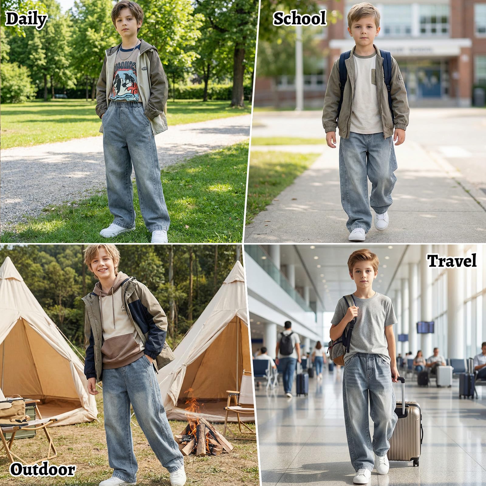 Jean Baggy Garçon Enfants Pantalon en Denim avec Taille Élastique Multiples Poches Loose Fit Décontracté Large Long Jeans Casual Mode Streetwear Ado Pant pour 7-15 Ans