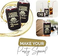 Vista 6 de Juego de 12 enfriadores de latas de Cheers and Beers to 21 Years - Decoraciones de cumpleaños número 21 en negro y dorado y recuerdos de fiesta
