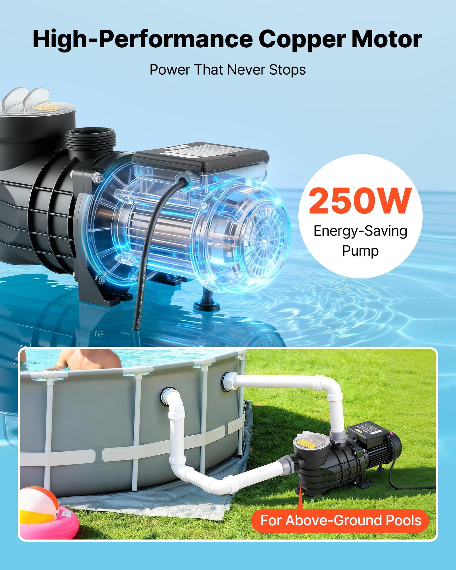 VEVOR Bomba para Piscina Elevada 250 W Caudal Máximo de 11.700 L/H Bomba de Filtración para Piscina de Una Sola Velocidad, CA 220-240 V 2850 RPM, Altura de Elevación Máxima de 8 m, con Filtro y Tapa