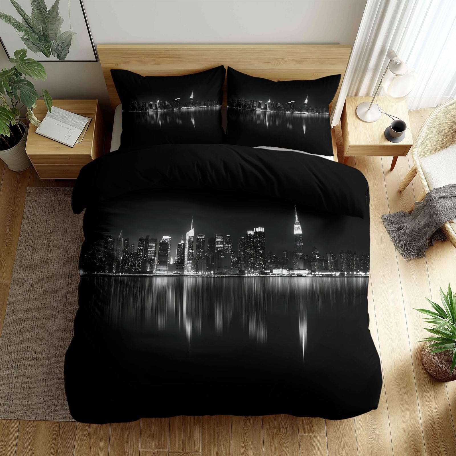 Reversible Black and White New York City Skyline Printed Duvet Cover, Luxury Photographic Art King Bedding Sets - Lightweight Duvet Cover Soft Breathable Quilt Covers for Kids Adults 230 x 220 cm