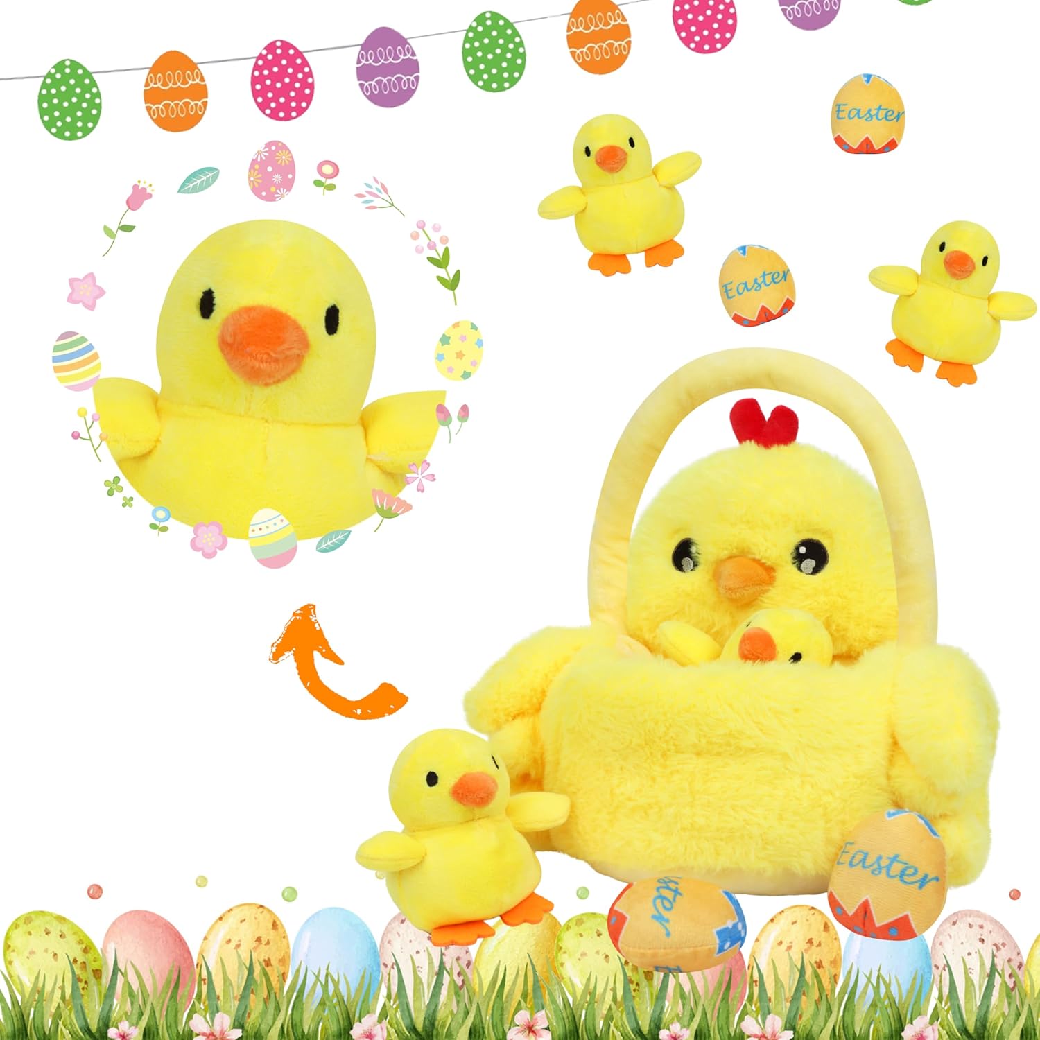 Cuteoy 4 Pcs Easter Chicken Basket Playset Hens Stuffed Animal Plush Toy with Egg Chick for Girls Boys Plushies Gifts