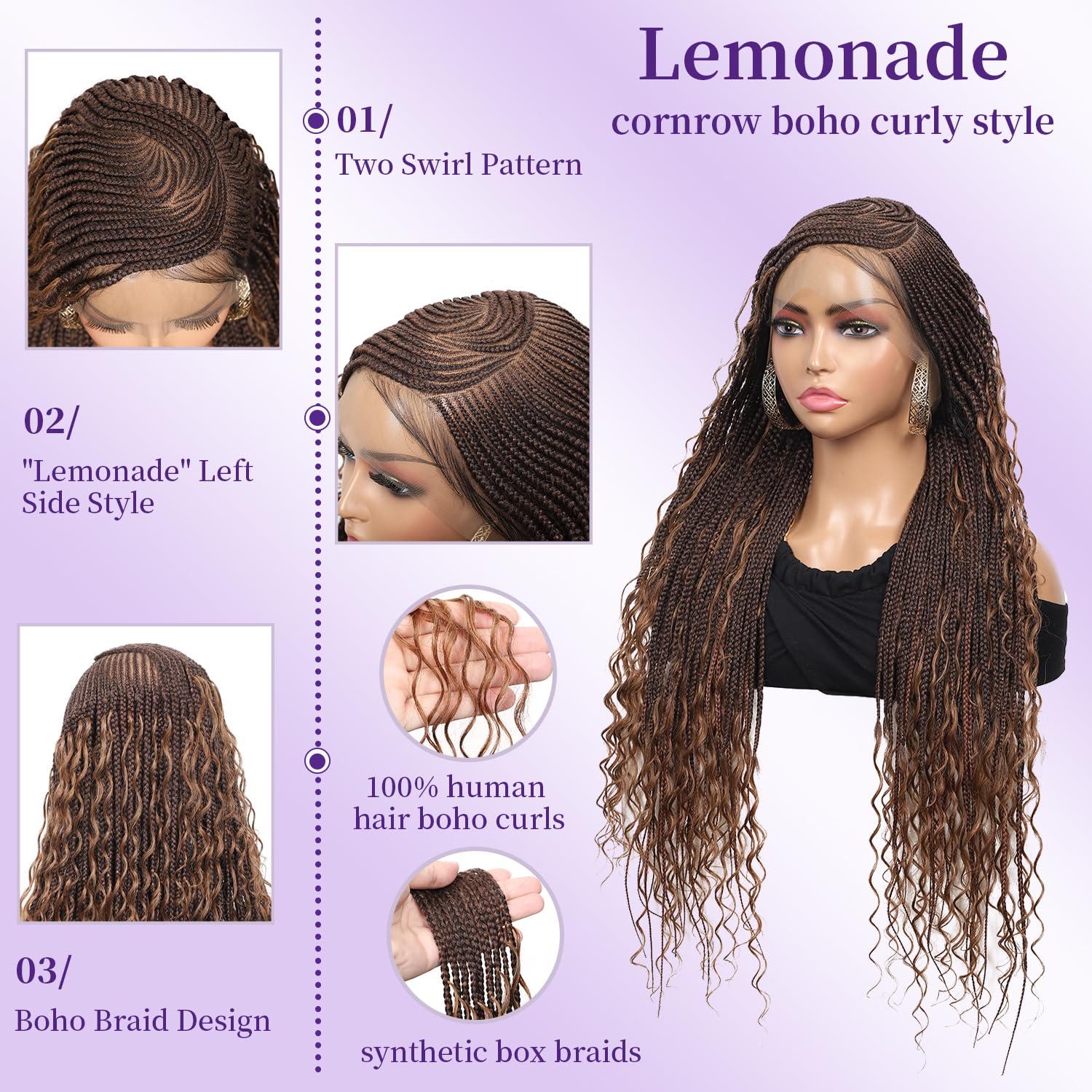 Lexqui Human Hair Boho Curls Braided Wigs for Black Women Full Lace Cornrow Braided Wigs Box Braid Wig Boho Braided Wig Lemonade Cornrow Braided Wigs, 360 Full Lace 30 Inches，Brown