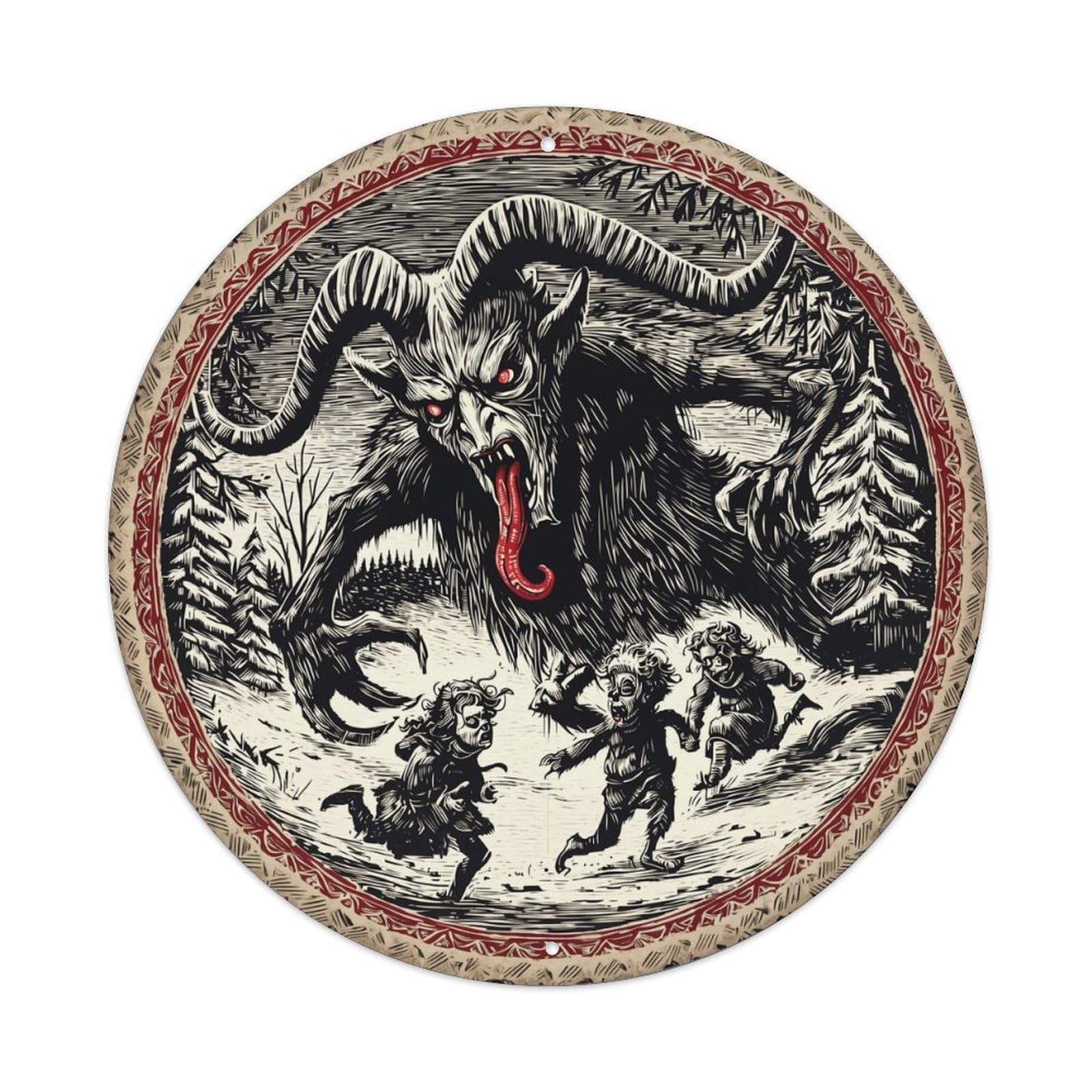 Jdyaojiesheng Vintage Krampus Chasing Children In Snow Round Tin Sign Retro Metal Wall Decor Metal Poster, Home Bar Garage Farmhouse Cafe Wall Art Decoration 8X8inch