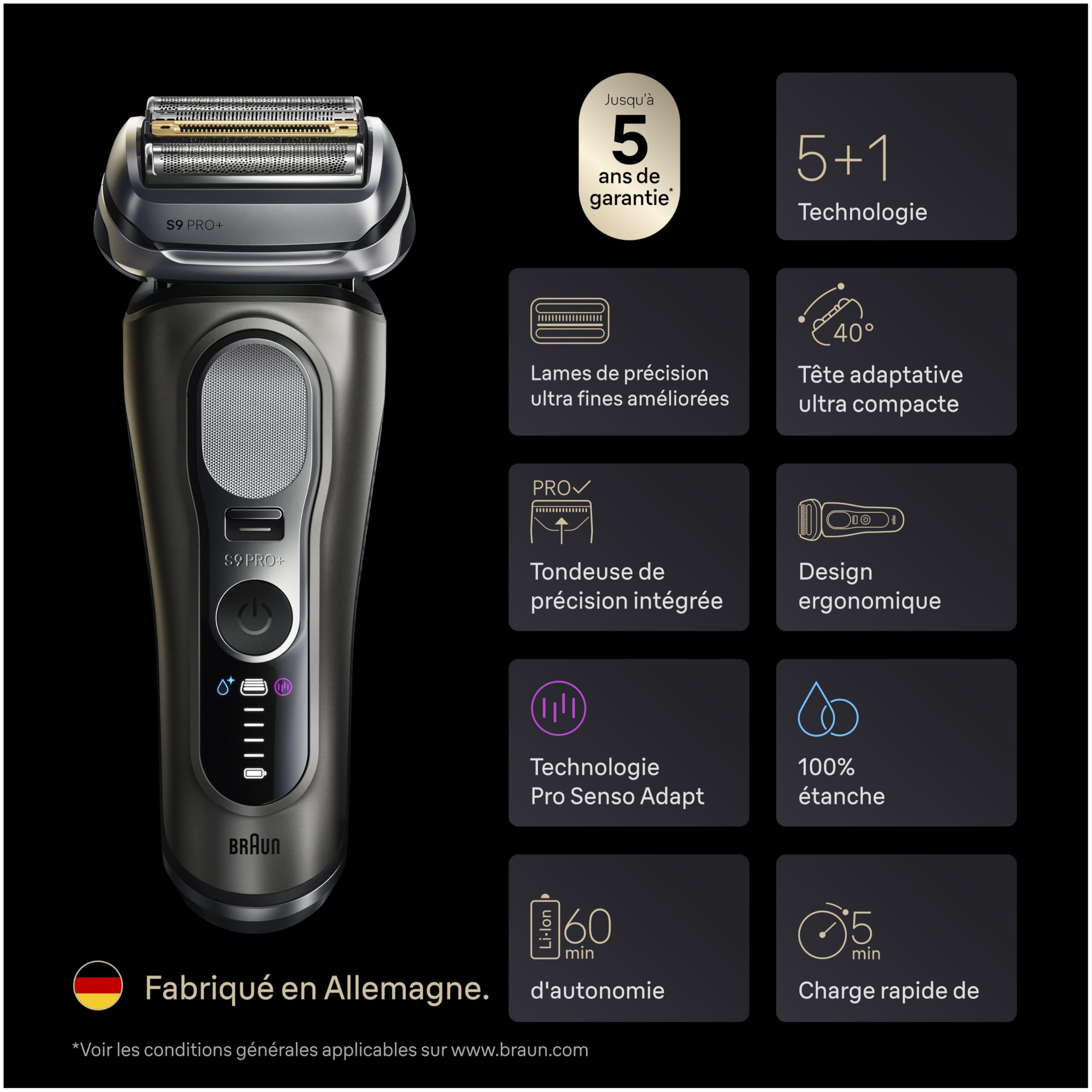 Braun Rasoir Electrique Homme Series 9+ Pro 9665CCE Graphite | Etanche, Batterie Rechargeable, Lames de Précision Ultra-Fines, Tondeuse ProTrimmer, Coffret avec Station de Nettoyage, Etui